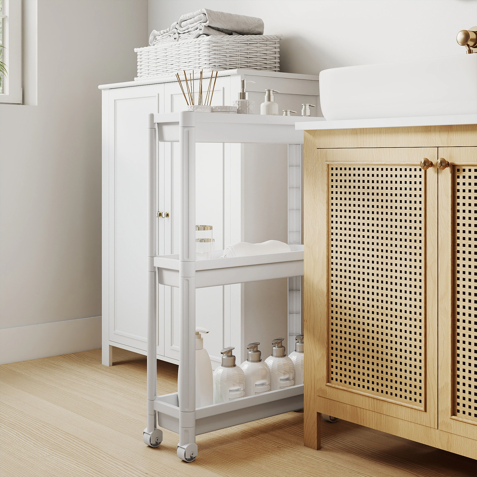 SUGIFT Set of 2 White 3-Tier Slim Rolling Storage Cart 7-in Under Sink Organizer for Bathroom and Kitchen