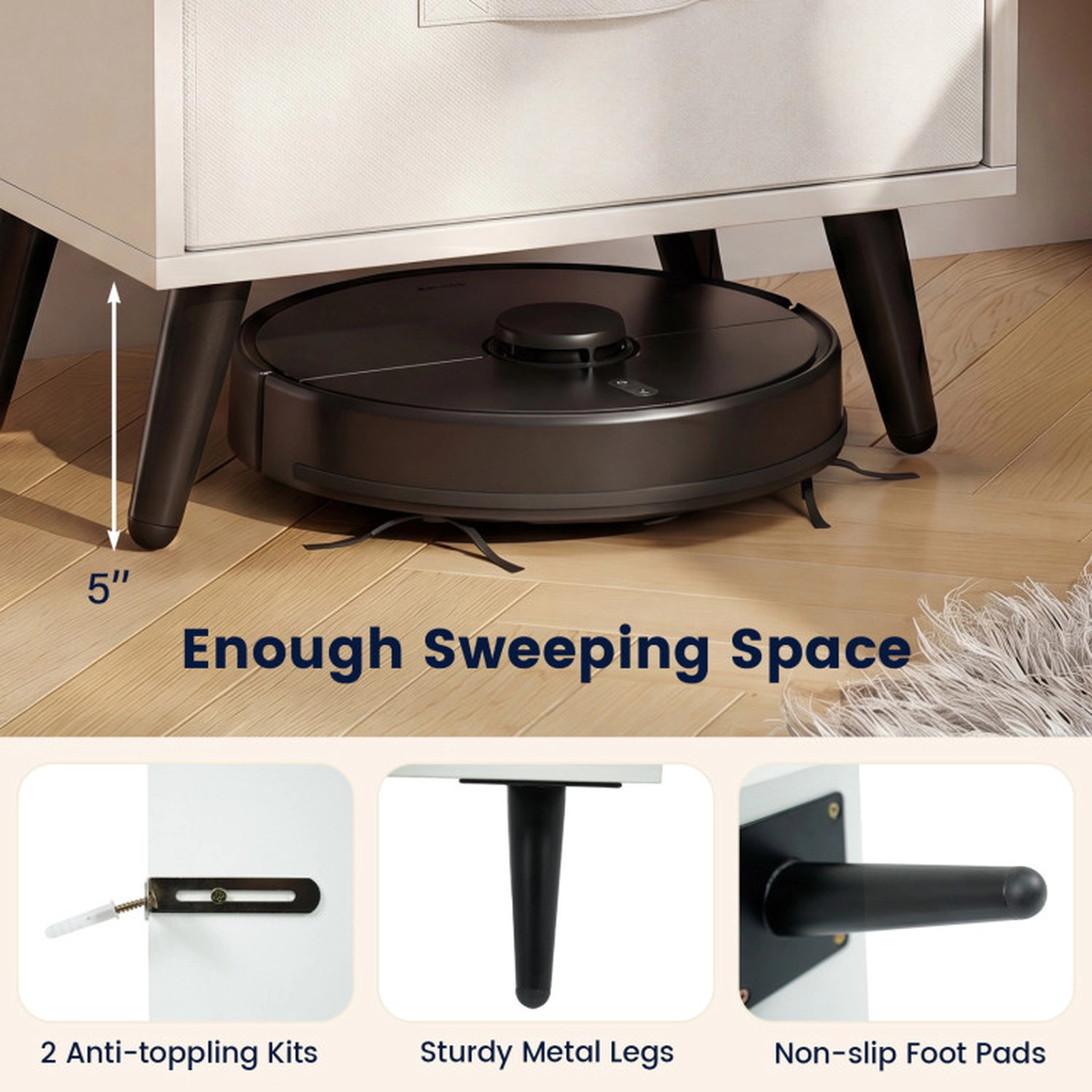 SUGIFT White RGB LED Lighting Power Outlets Fabric Drawer and Open Shelf Nightstand