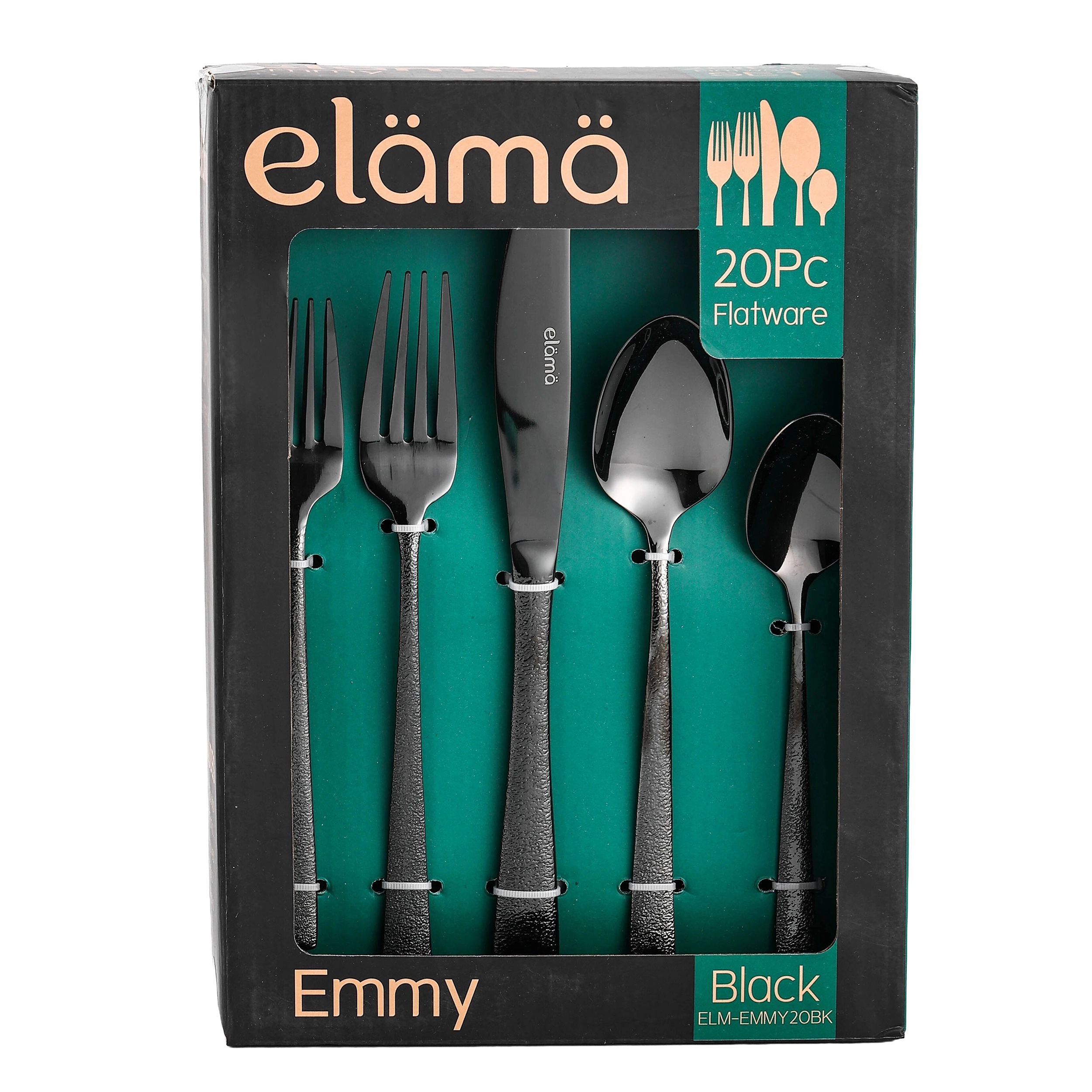 Elama Emmy 20 Piece Mirror Polished Stainless Steel Flatware Set Black