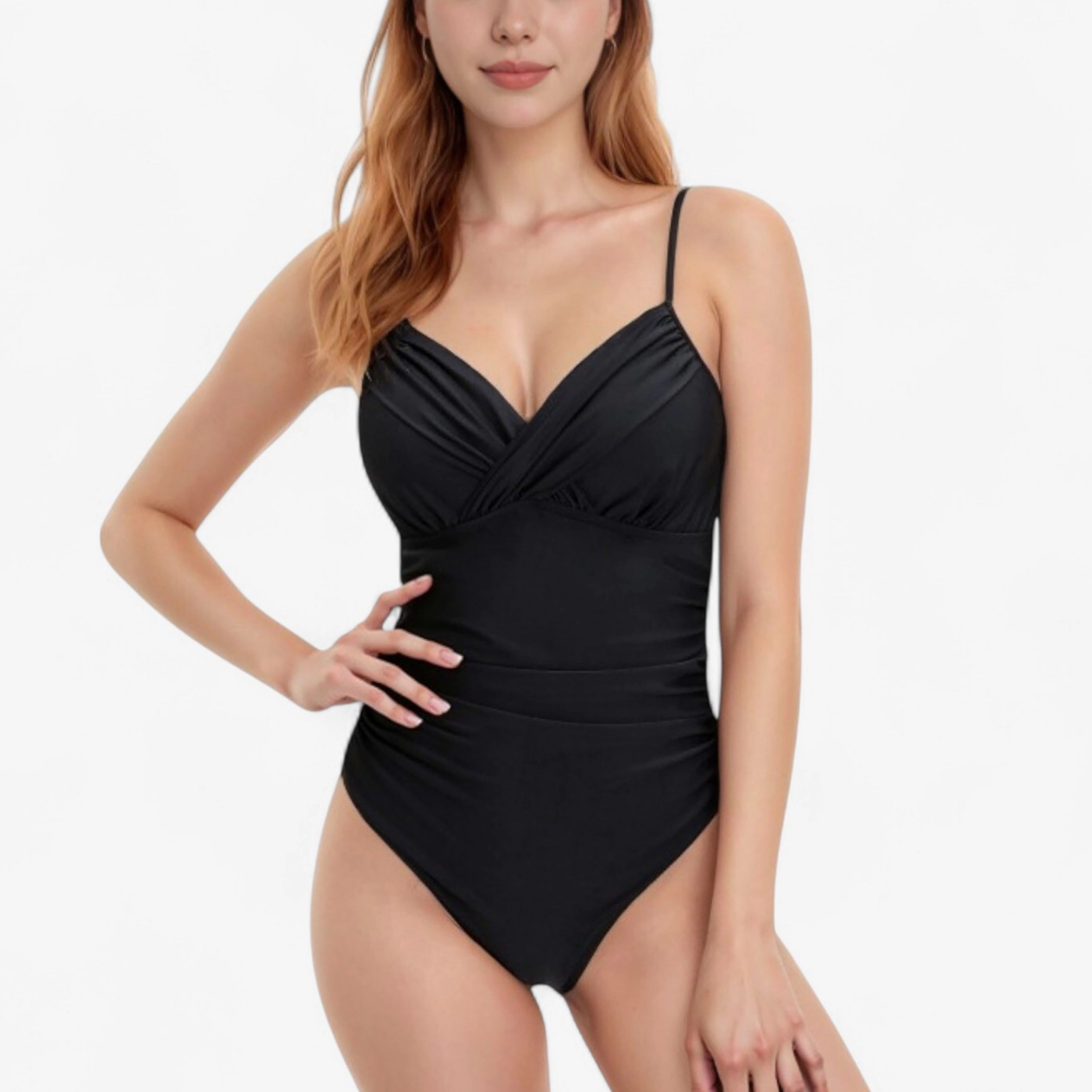 Anna-Kaci Women's One-Piece Swimsuit with Ruched Waist and V-Neck Wrap Front Adjustable Spaghetti Straps