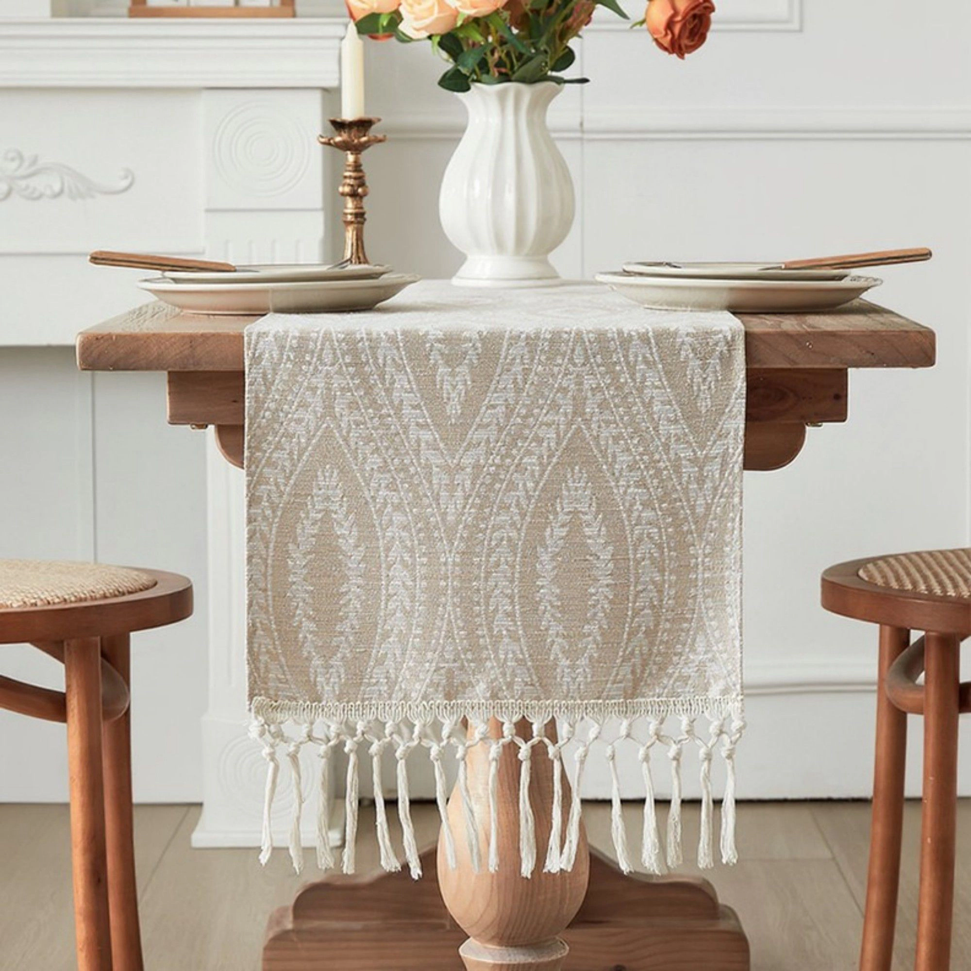Alilang Women Textured Pattern Table Runner with Tassel Fringe and Woven Detailing 13.5x55in