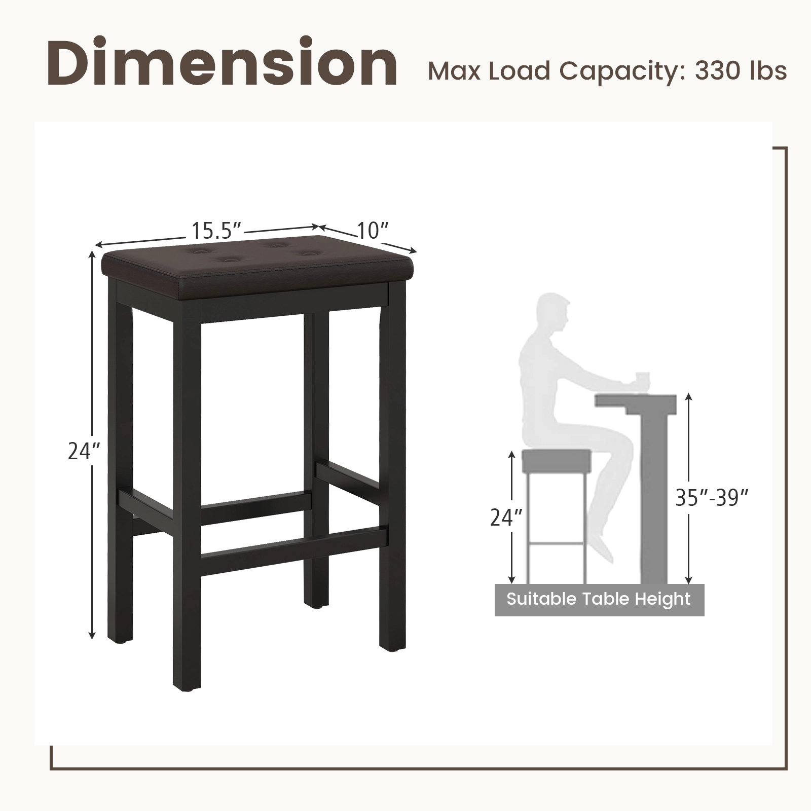 SUGIFT 24-Inch Counter Height Bar Stool with Tufted PVC Leather Seat, Rubber Wood Frame and Footrest