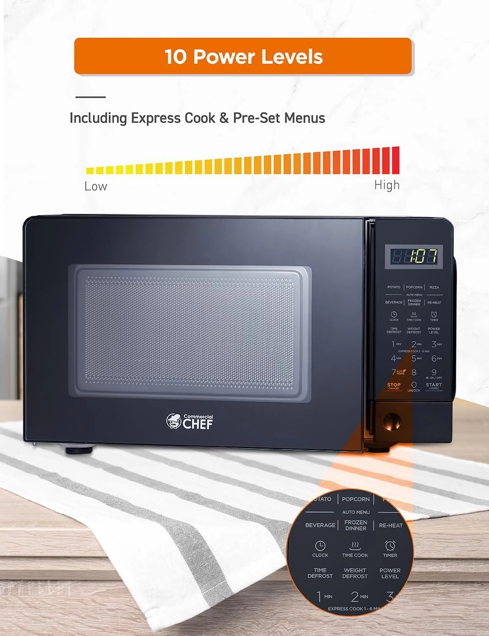 Commercial Chef Countertop Microwave Oven, 0.7 cu. ft., 700W, Push-Button