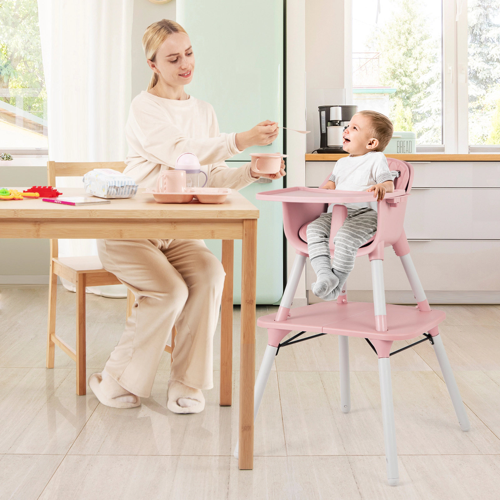 4-in-1 Lightweight Baby High Chair and Toddler Table and Chair Set 2-Position Adjustable Tray Removable PU Cushion