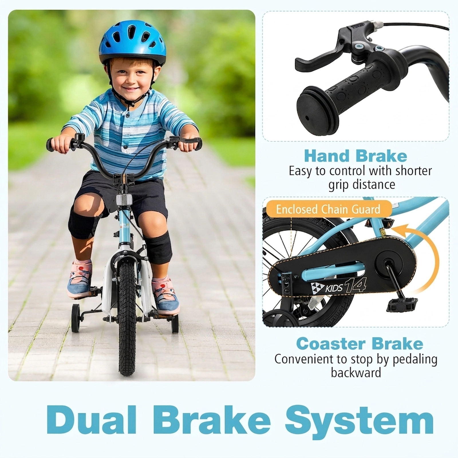 SUGIFT Adjustable Kids Bicycle with Training Wheels 110-lb Seat Capacity Ages 3-5 Blue 14-in Wheels Dual Brake System