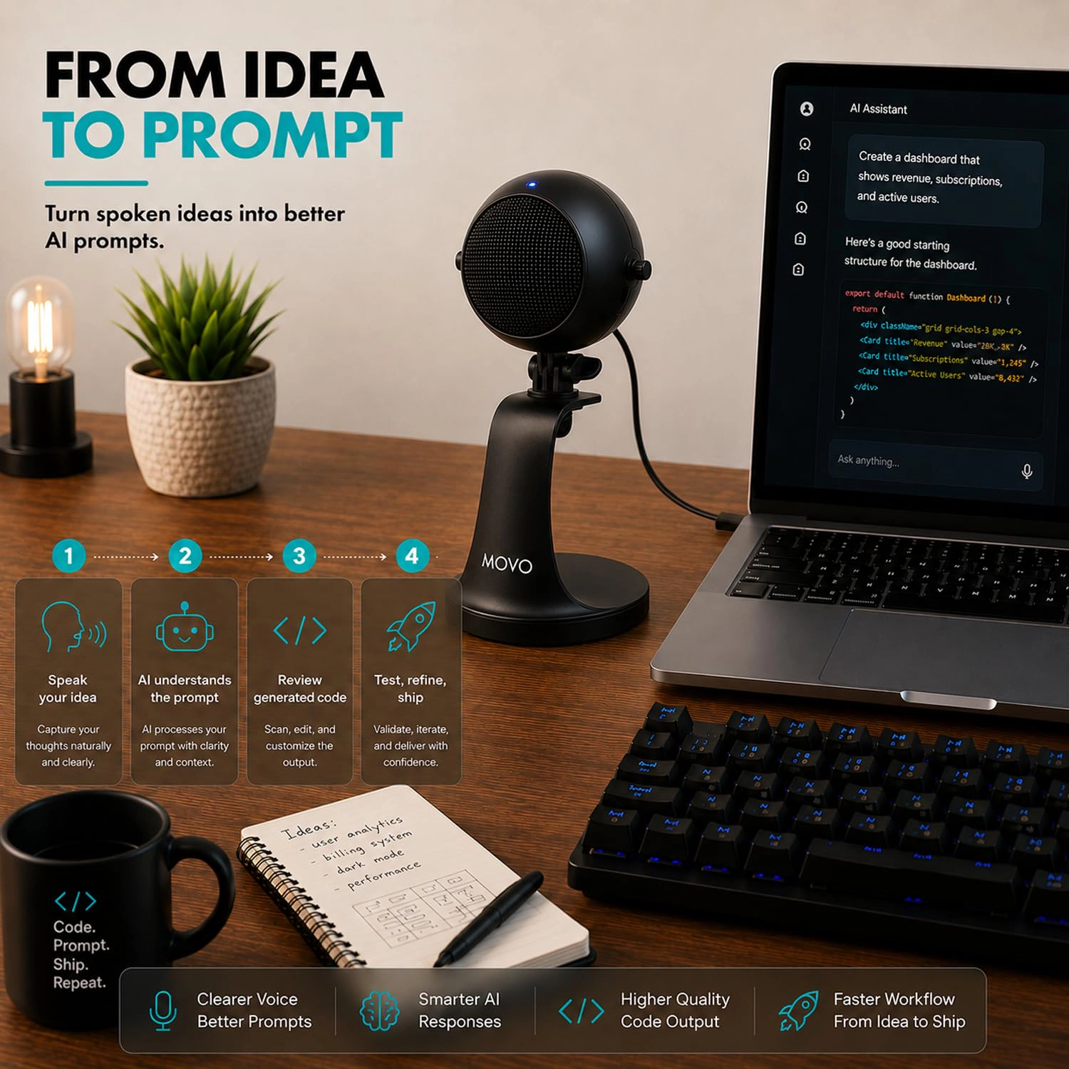Movo WebMic USB Microphone for AI Coding, Voice Prompts and Dictation