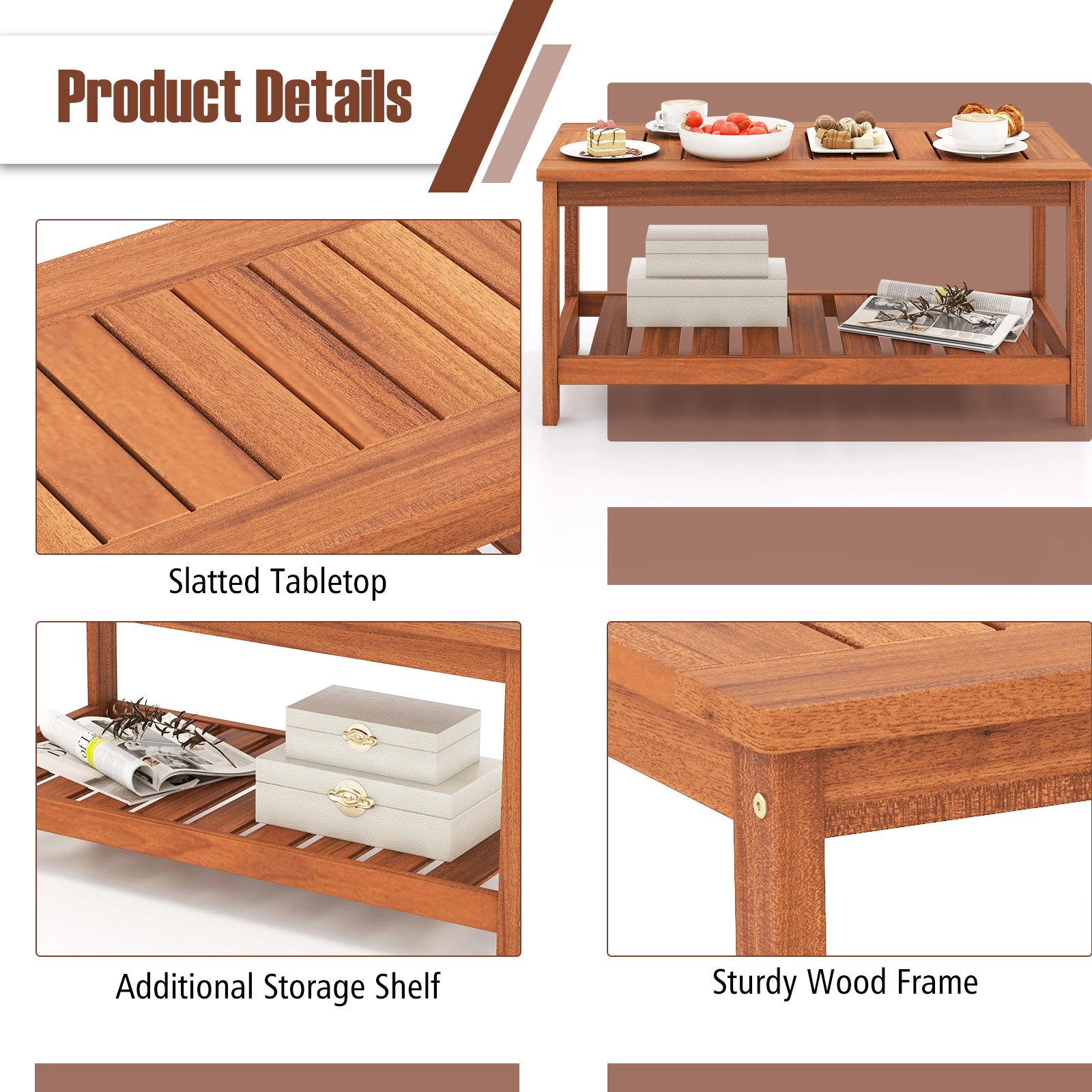 SUGIFT 2-Tier Patio Coffee Table Slatted Tabletop & Storage Shelf 110-lb Tabletop Capacity 55-lb Shelf Capacity Natural