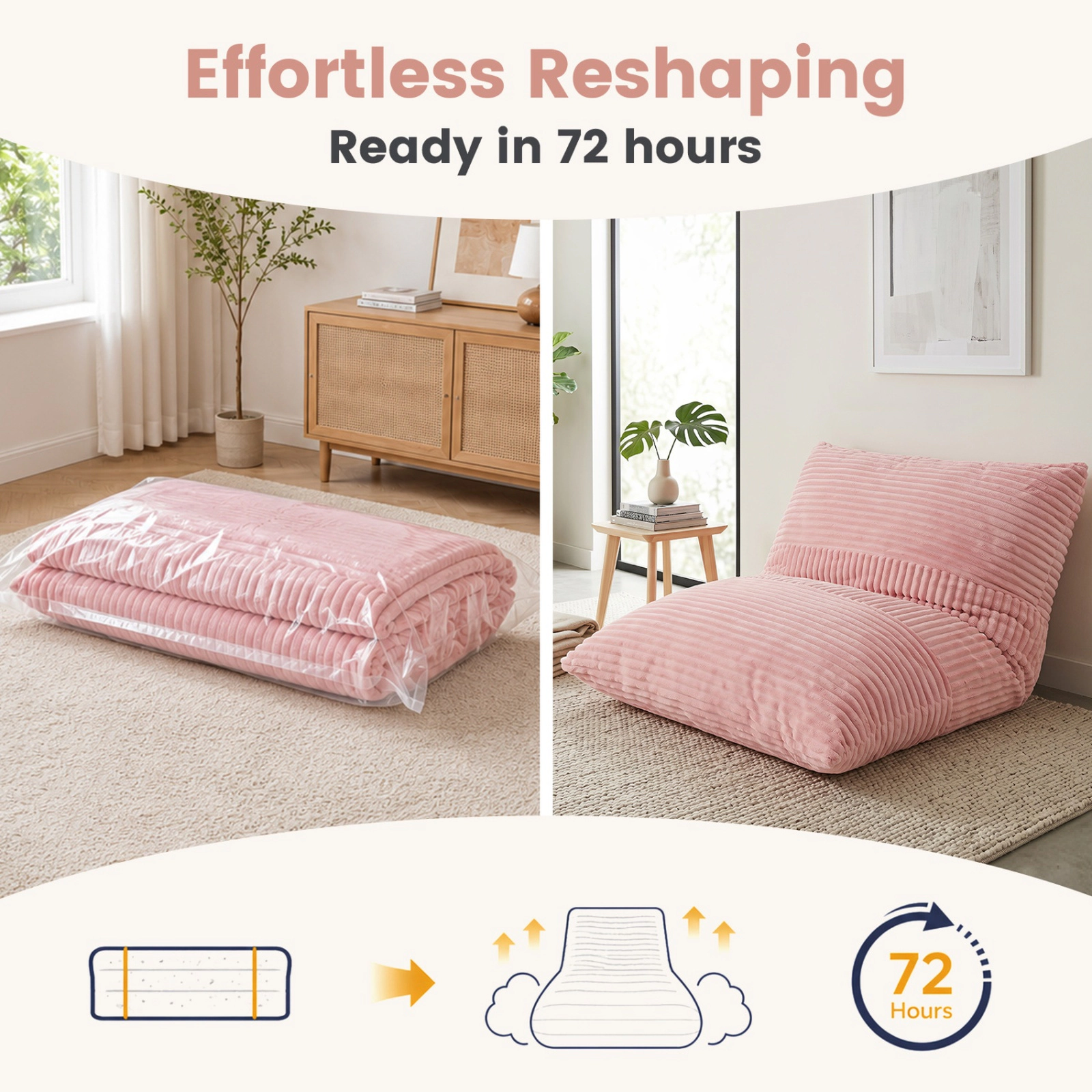 SUGIFT 3-in-1 Large Corduroy Bean Bag Chair Bed and Sofa 73 x 53 in Pink