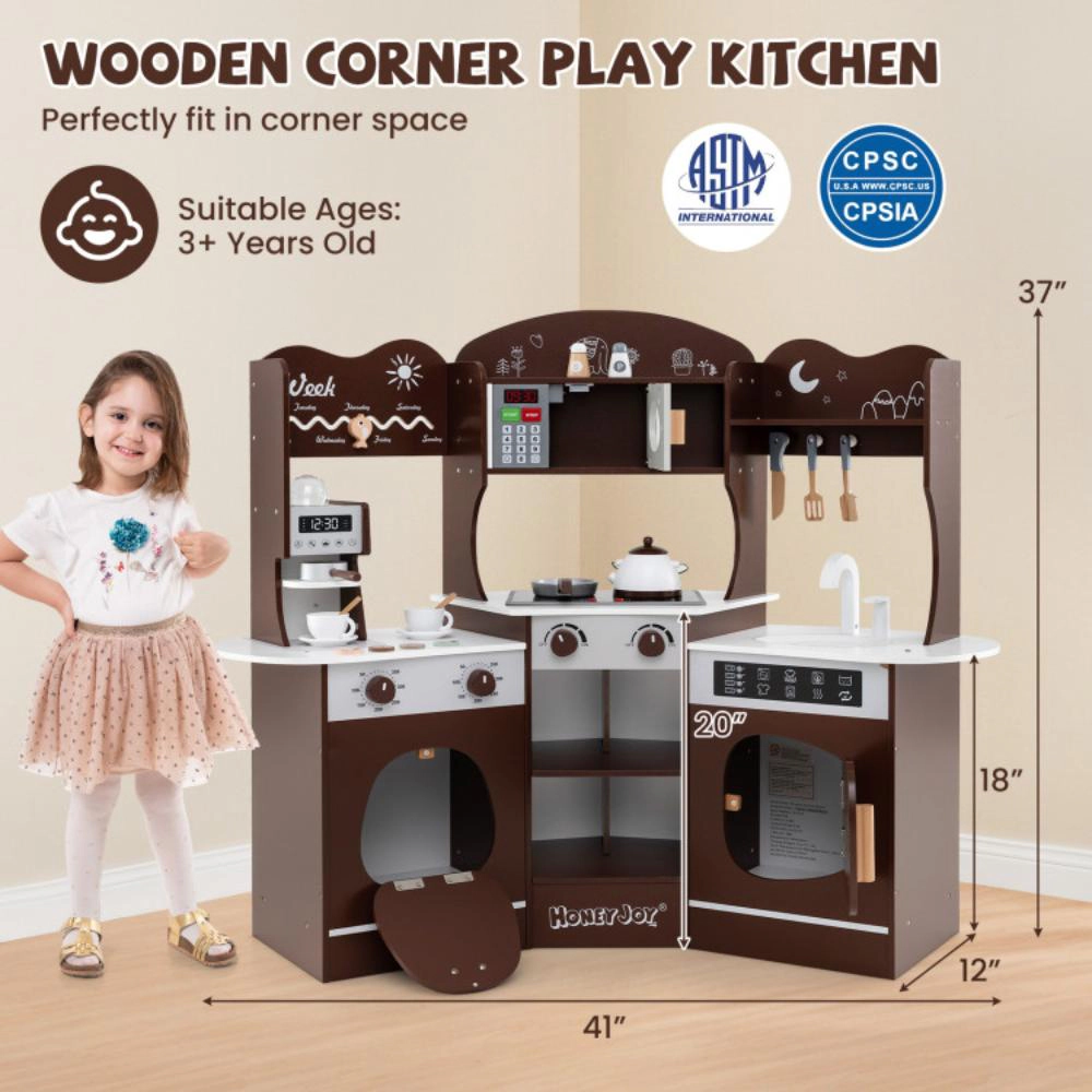 Hivvago Corner Wooden Play Kitchen with Coffee Machine and Slide for Kids