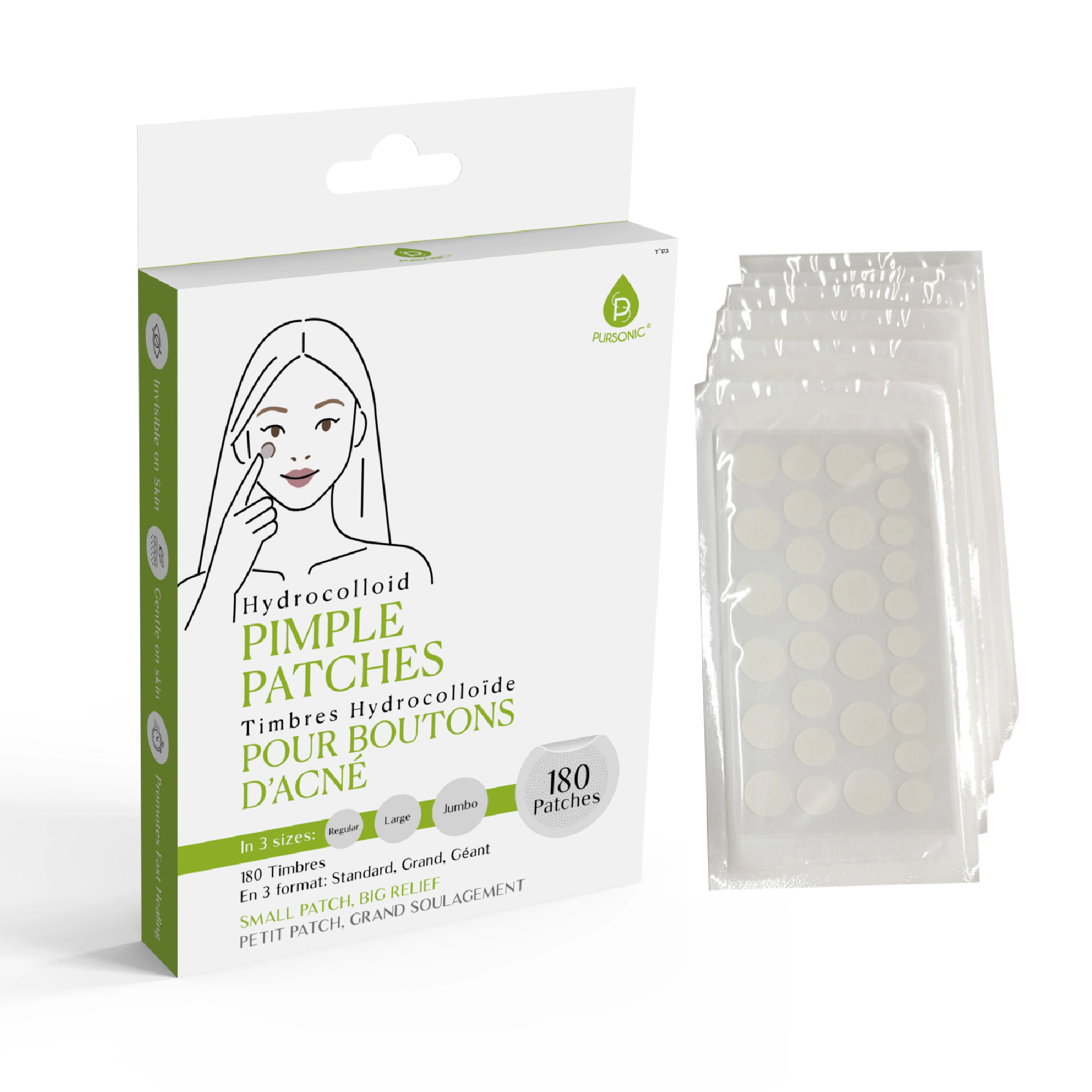 Pursonic Unisex Hydrocolloid Acne Treatment Pimple Patches with Multi-Size Blemish Care (180 Count)