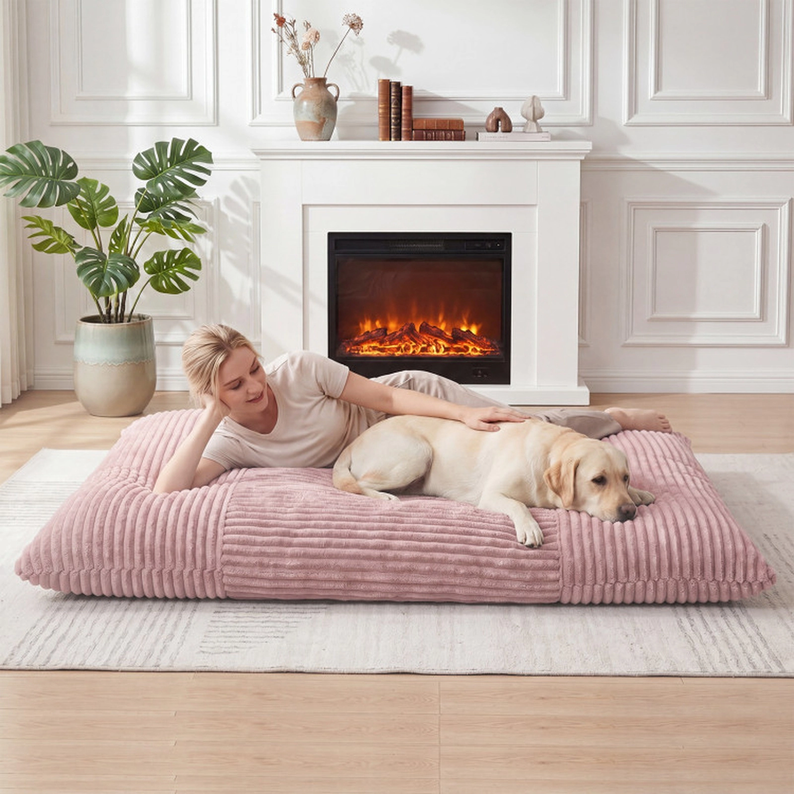 SUGIFT Pink Corduroy Convertible Bean Bag Sofa Bed, 76.5 in