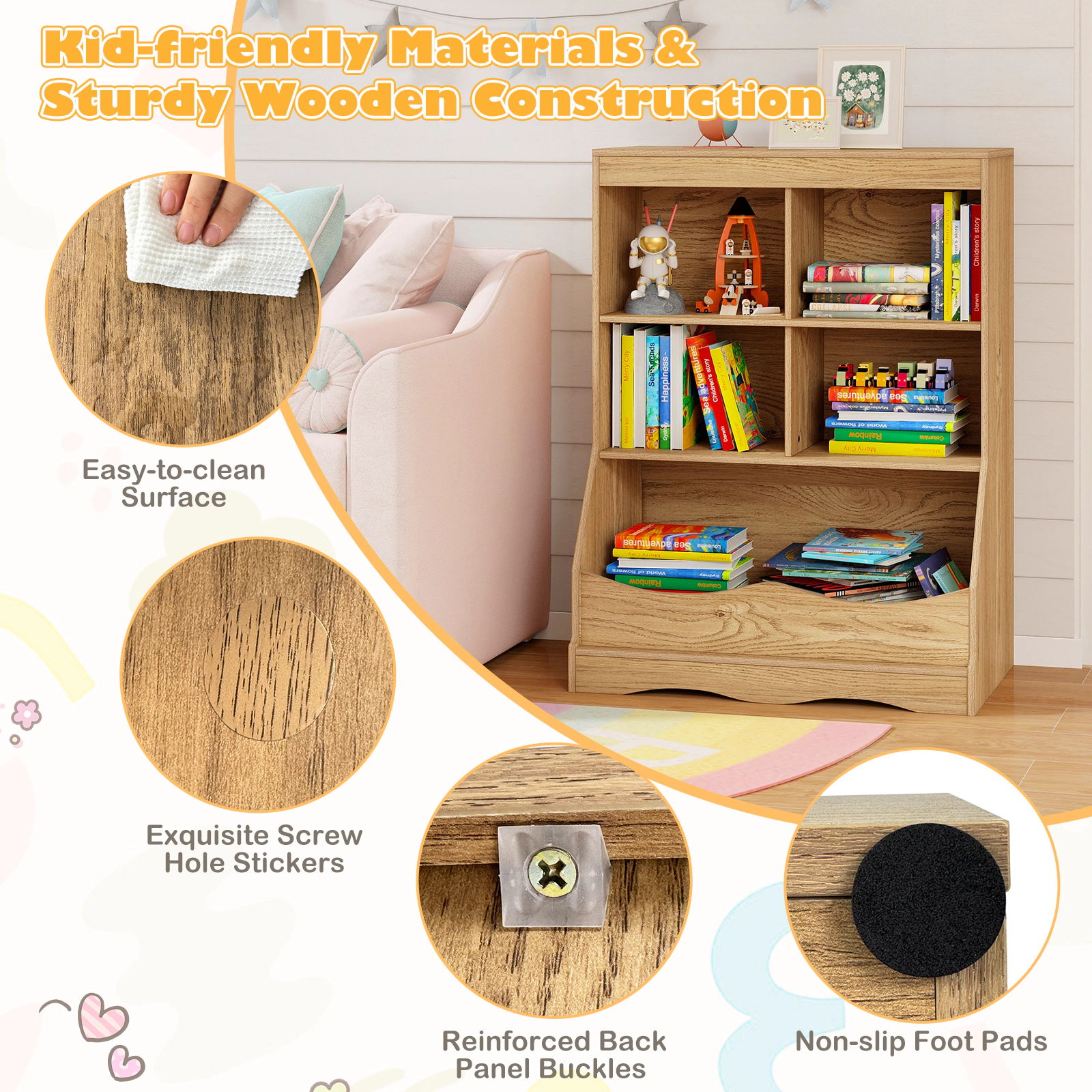 SUGIFT Kids 3-Tier Large Storage Bin 4 Cubbies Wooden Floor Bookcase 26.5-in x 16-in x 34.5-in 44-lb Bin Natural