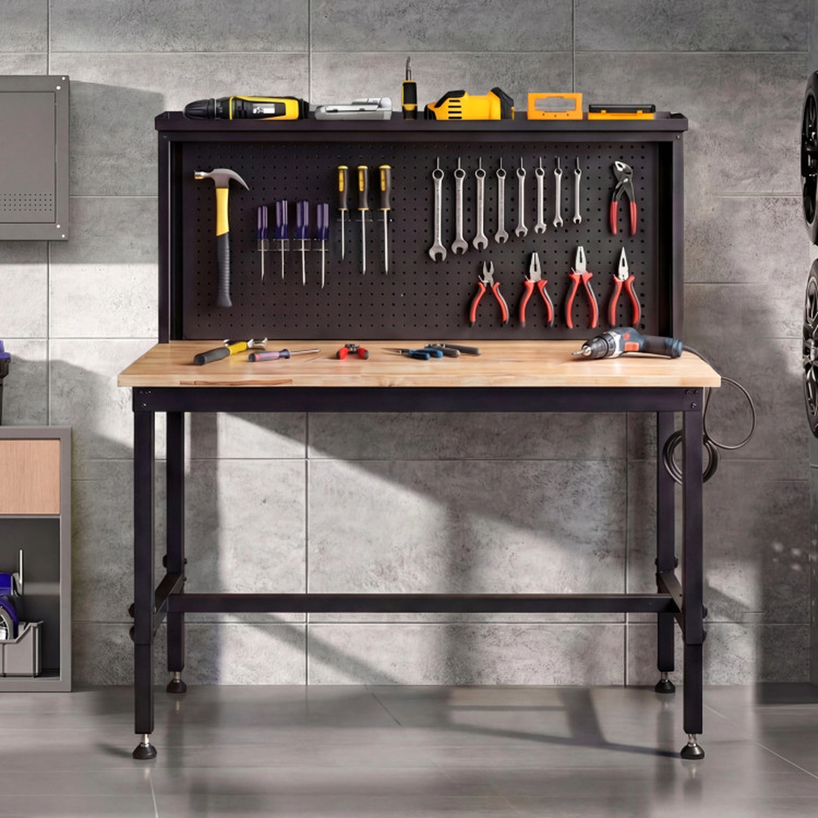 SUGIFT 48-in 2000-lb Capacity Rubber Wood Workbench with 4 AC Outlets 2 USB Ports and Pegboards