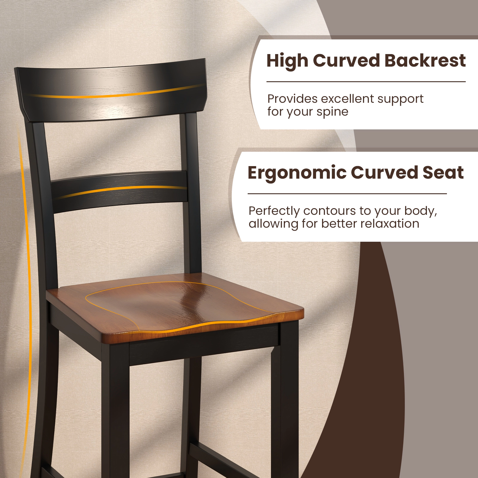 SUGIFT Black Solid Rubber Wood Frame Set of 2 Farmhouse Counter Height Bar Stool