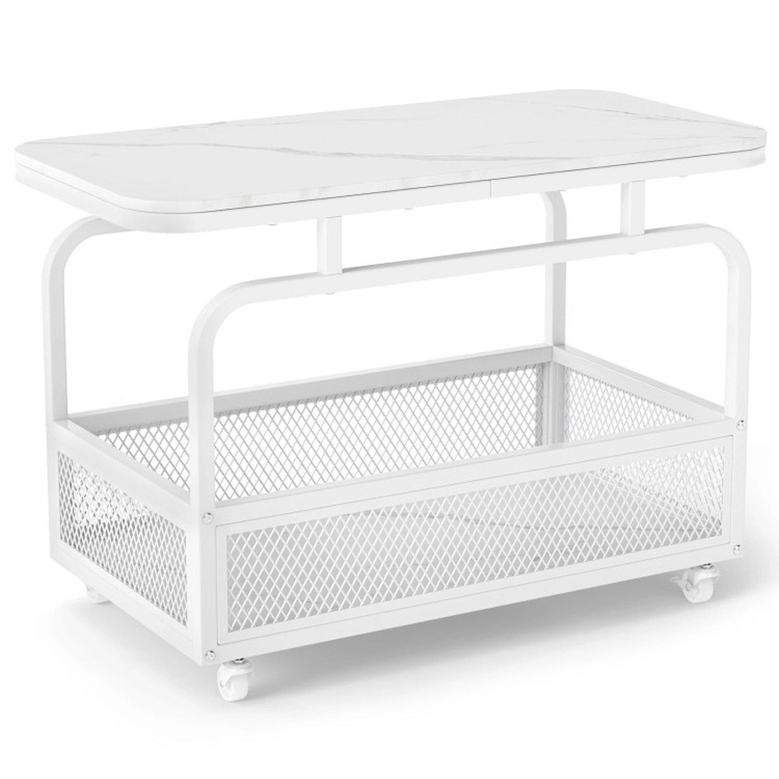 SUGIFT 31.5 in Rolling Side Table White with Faux Marble Top and Mesh Storage Basket