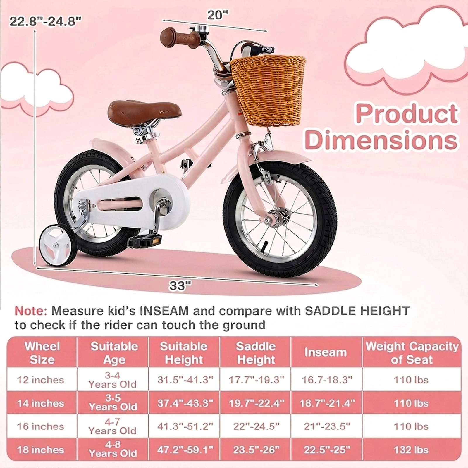 SUGIFT 12-in Kids Retro Bicycle Adjustable Seat Handbrake Coaster Brake Training Wheels & Basket 110-lb Capacity Ages