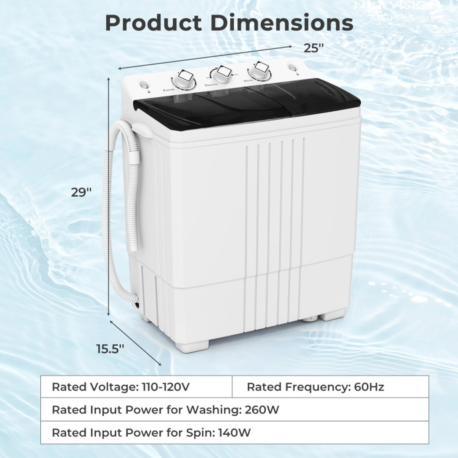 SUGIFT Black 12-lb Wash 8-lb Spin Twin Tub Portable Washing Machine with Drain Pump and Stable Feet