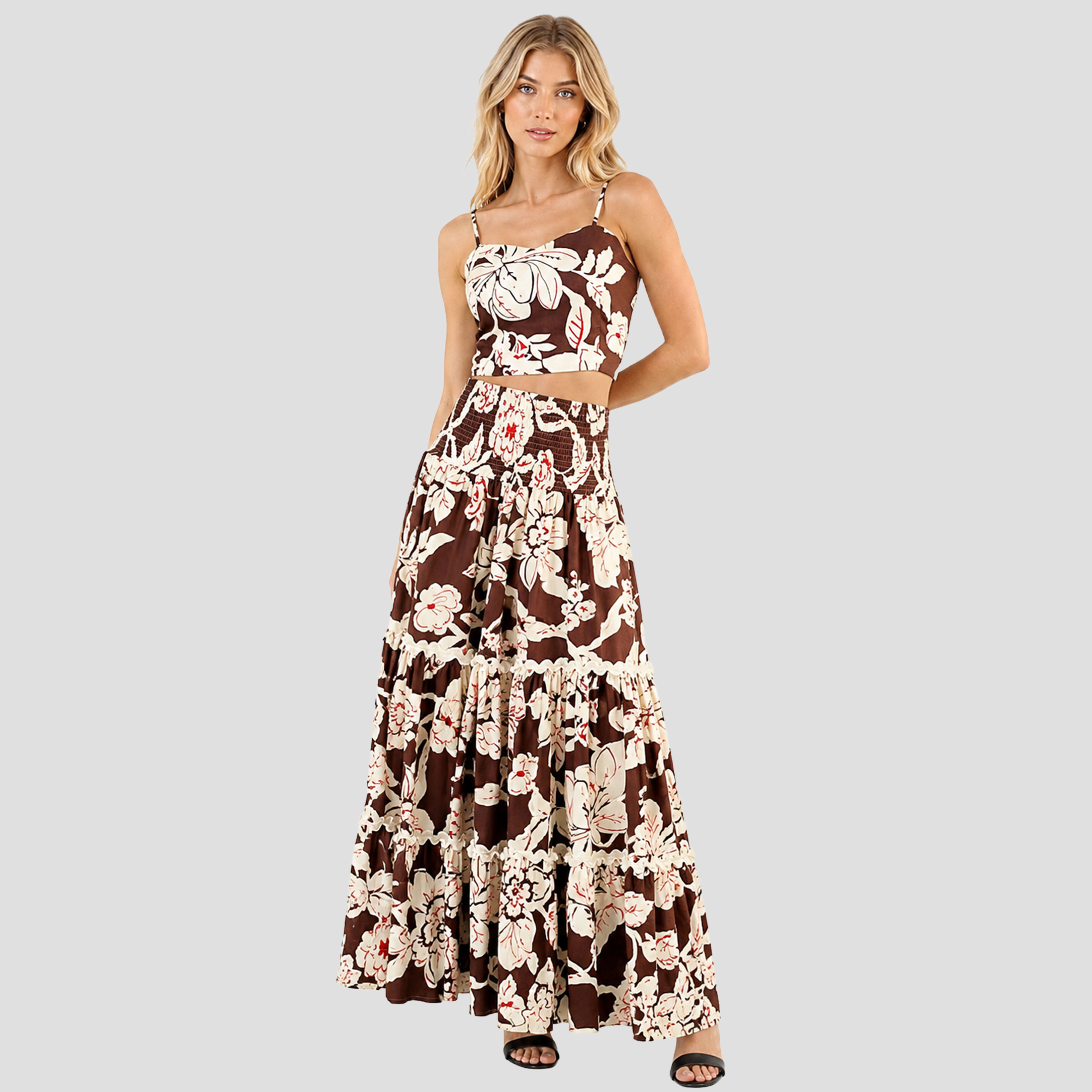 Artyska Women's 2-Piece Floral Print Smocked Crop Top and Tiered Front Slit Maxi Skirt Set