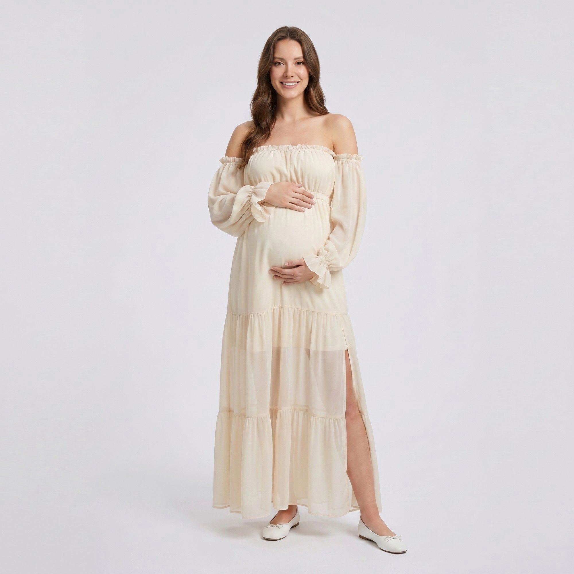 Anna-Kaci Women's Off Shoulder Sheer Long Sleeve Tiered Skirt Maternity Maxi Dress