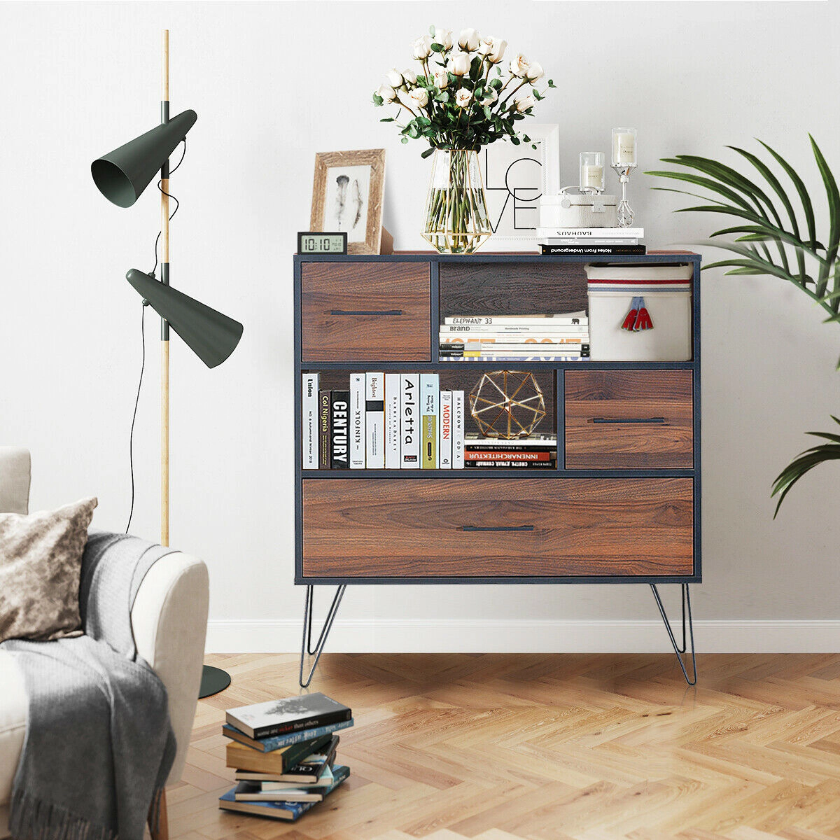 Slickblue 3 Tier Freestanding Storage Cabinet with Drawer Shelves and Metal Leg Base
