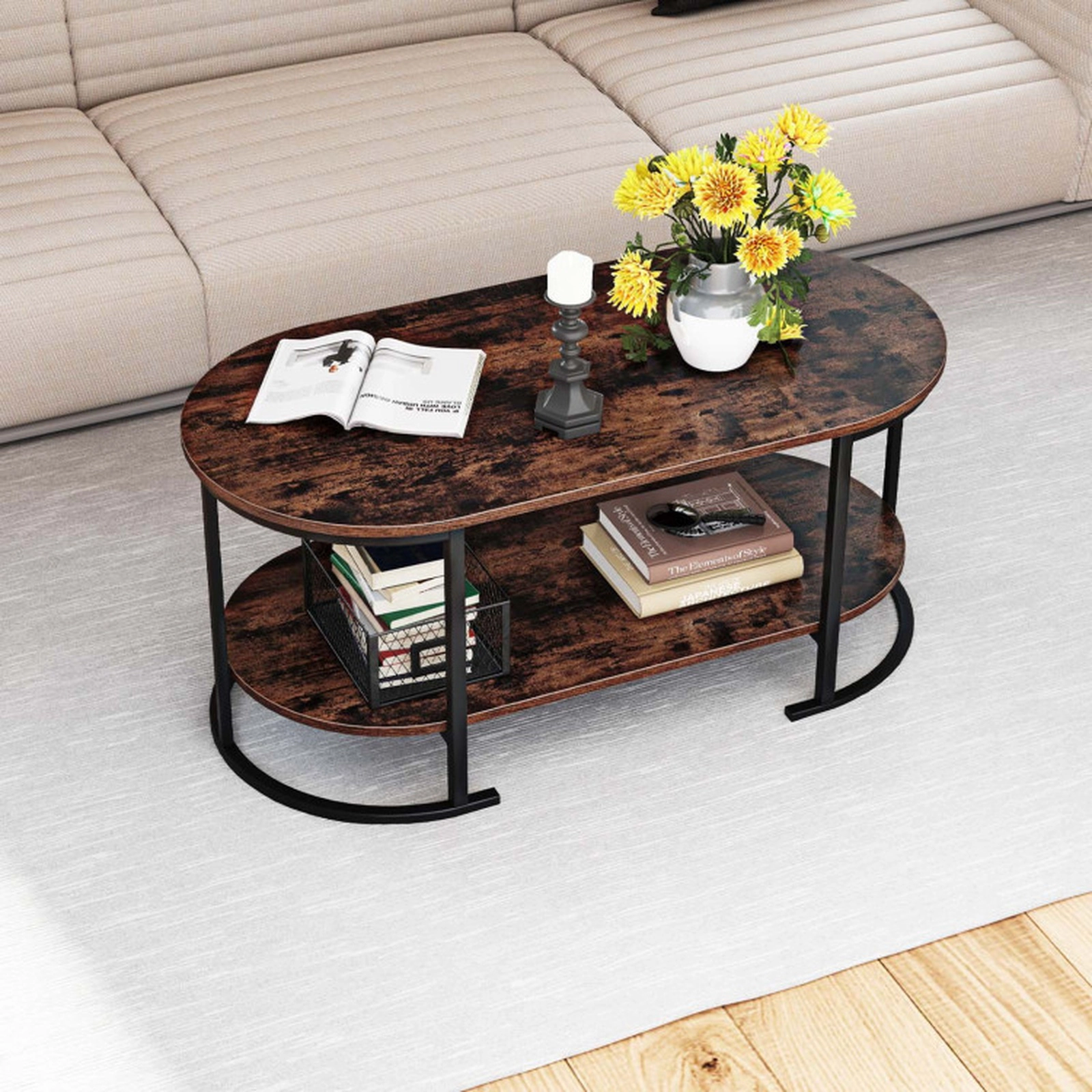 SUGIFT 2-Tier Oval Wood Grain Metal Frame Coffee Table 39.5-in x 19.5-in x 18-in 88-lb per Shelf Rustic Brown