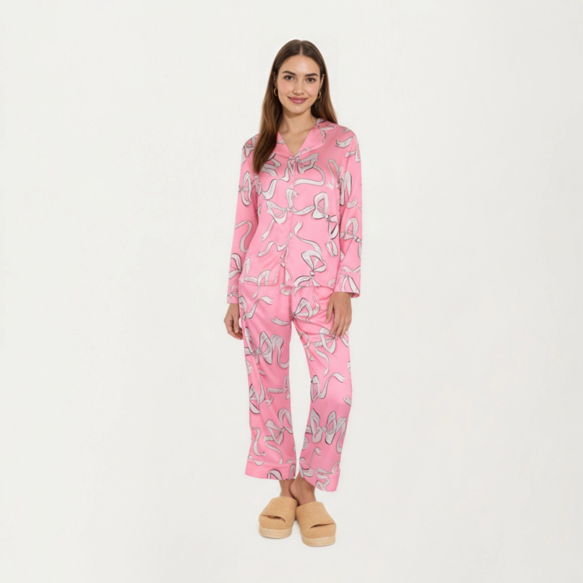Anna-Kaci Women's 2-Piece Long Sleeve Button Front Pajama Set Ribbon Print and Soft Silky Fabric for Relaxed Comfort