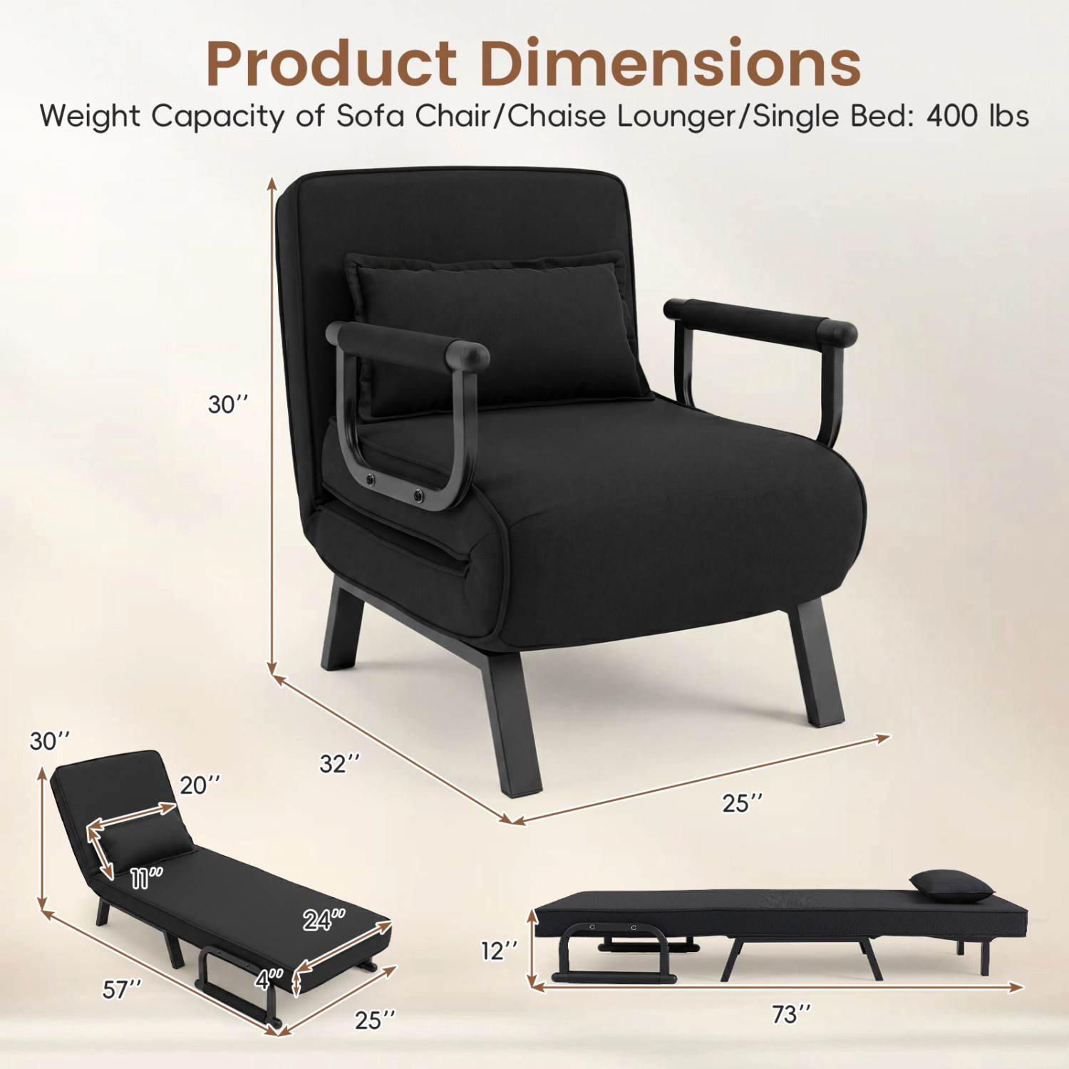 LJG Folding 6 Position Convertible Sleeper Bed Armchair Lounge Couch with Pillow