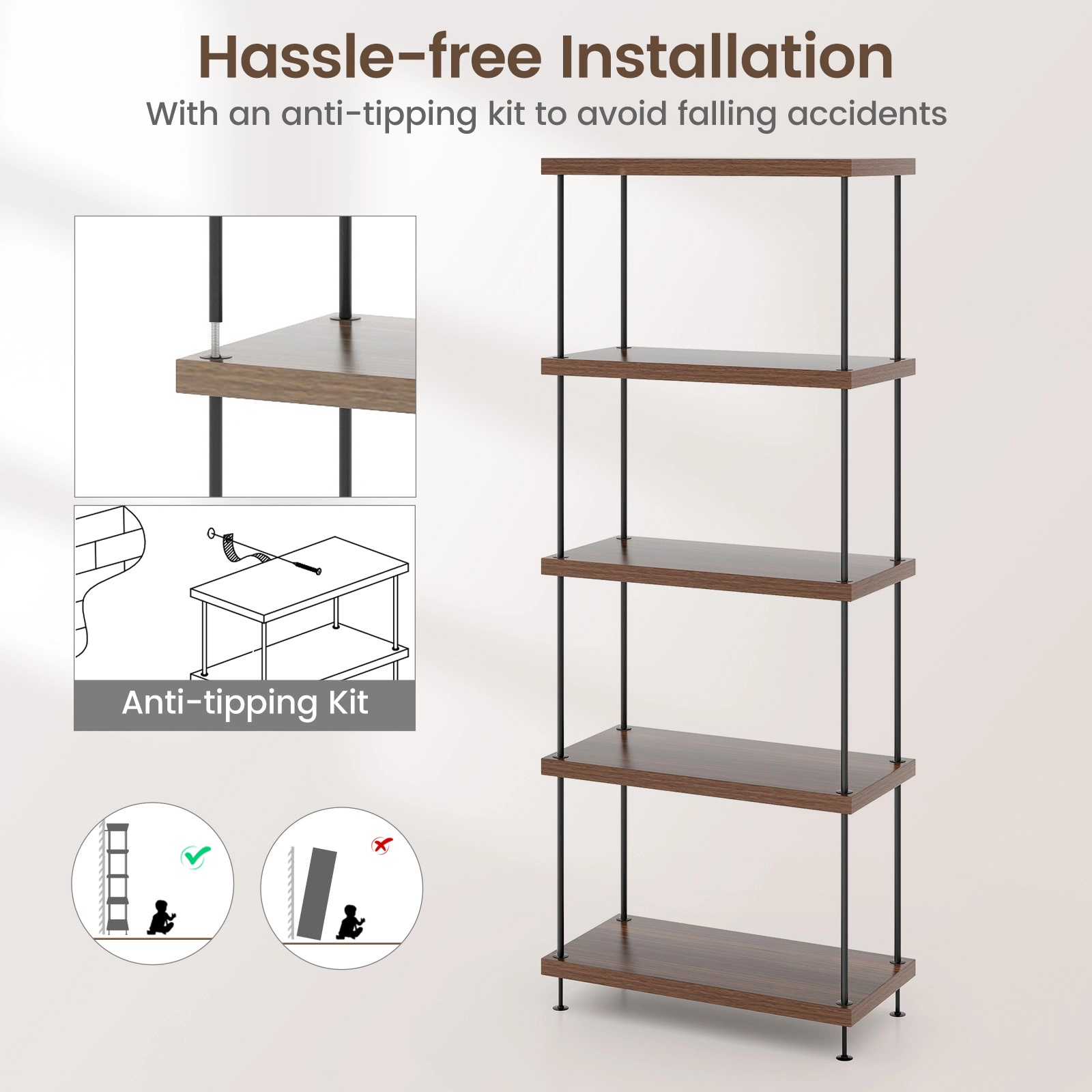 SUGIFT 5-Tier Multipurpose Display Rack Bookcase with Metal Frame 45-lb Shelf Capacity 58-in Tall Walnut