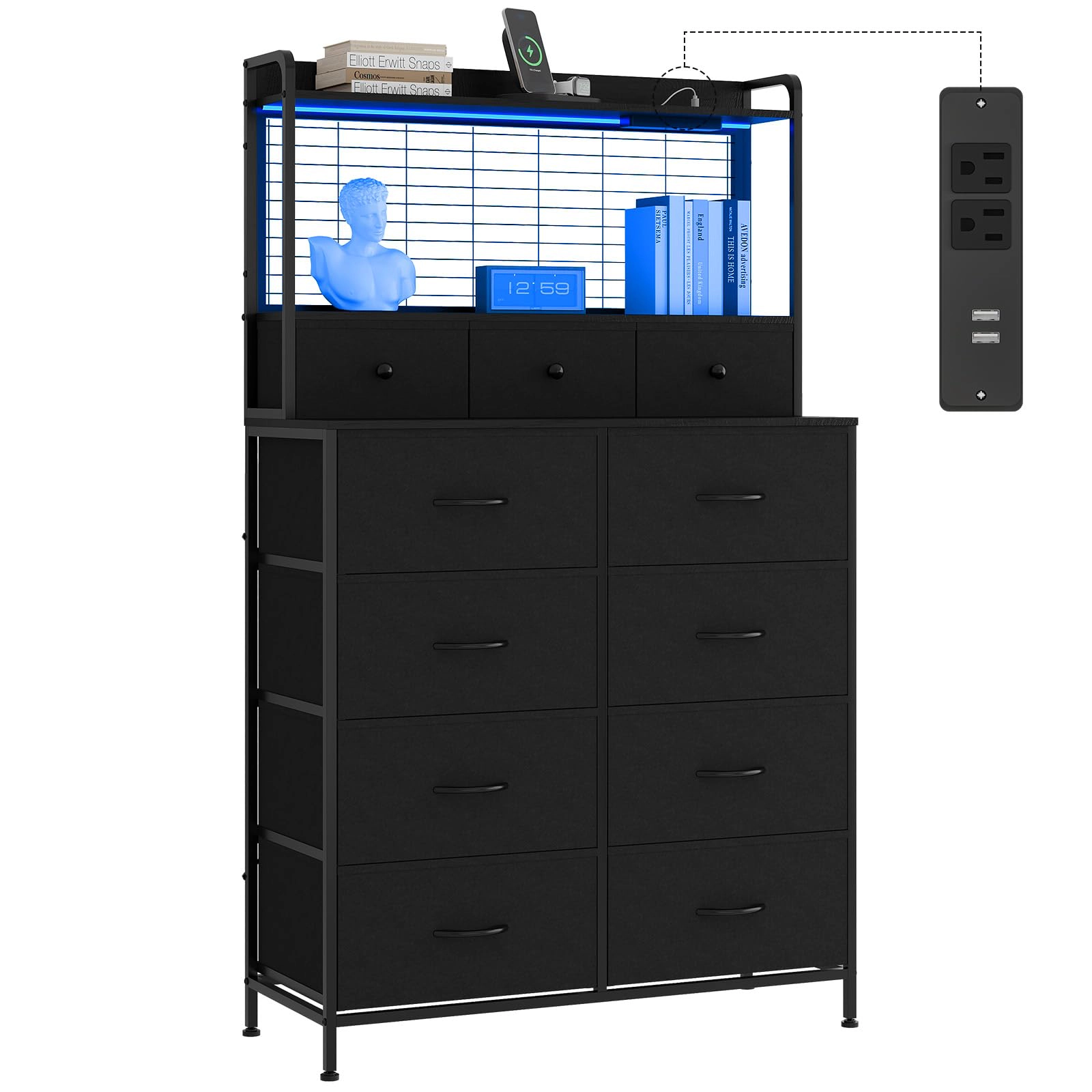 11 Drawer Fabric Dresser with Wireless Charging, App-Controlled RGB LED Lights & Open Shelf