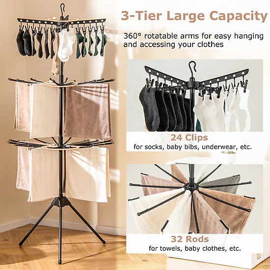SUGIFT 3-Tier Tripod Freestanding Folding Clothes Drying Rack with 24 Clips 70-in Tall Black