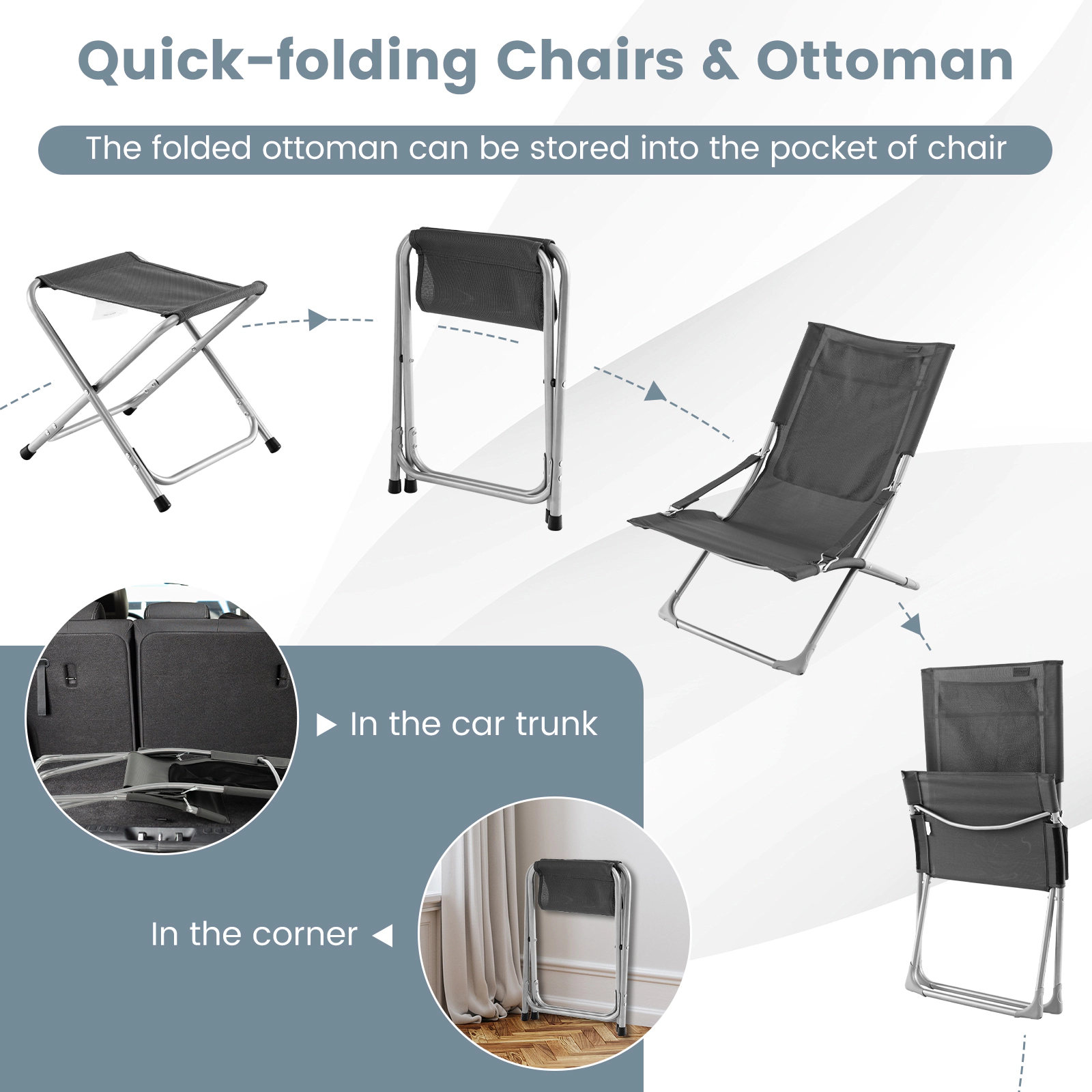 Hivvago 5-Piece Patio Sling Chair Set Folding Lounge Chairs with Footrests and Coffee Table