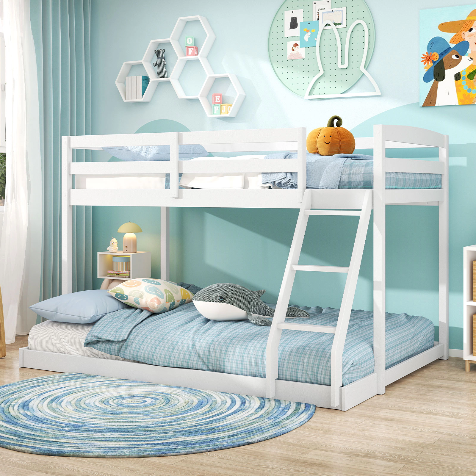 SUGIFT White 21 Support Slats and Guardrails Twin Over Full Kids Low Bunk Bed