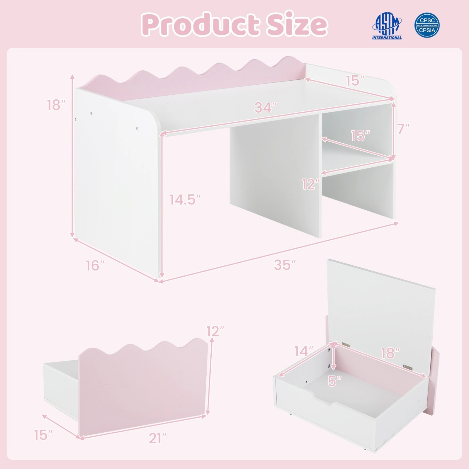 SUGIFT Scalloped Kids Bookshelf and Toy Storage Organizer with Movable Drawer 77-lb Top Capacity 3+ Years Pink + White