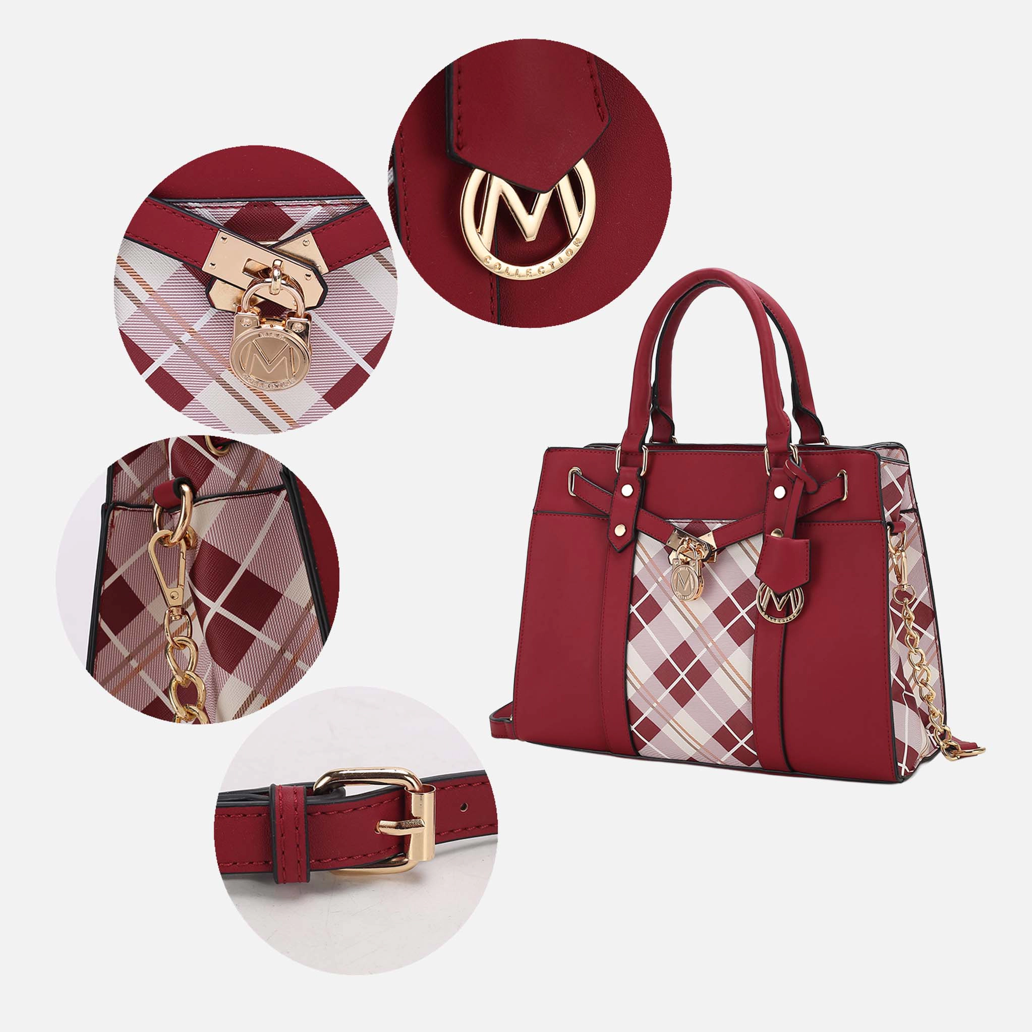 MKF Collection Christine Plaid Vegan Leather Satchel with Wristlet Wallet, Burgundy Red