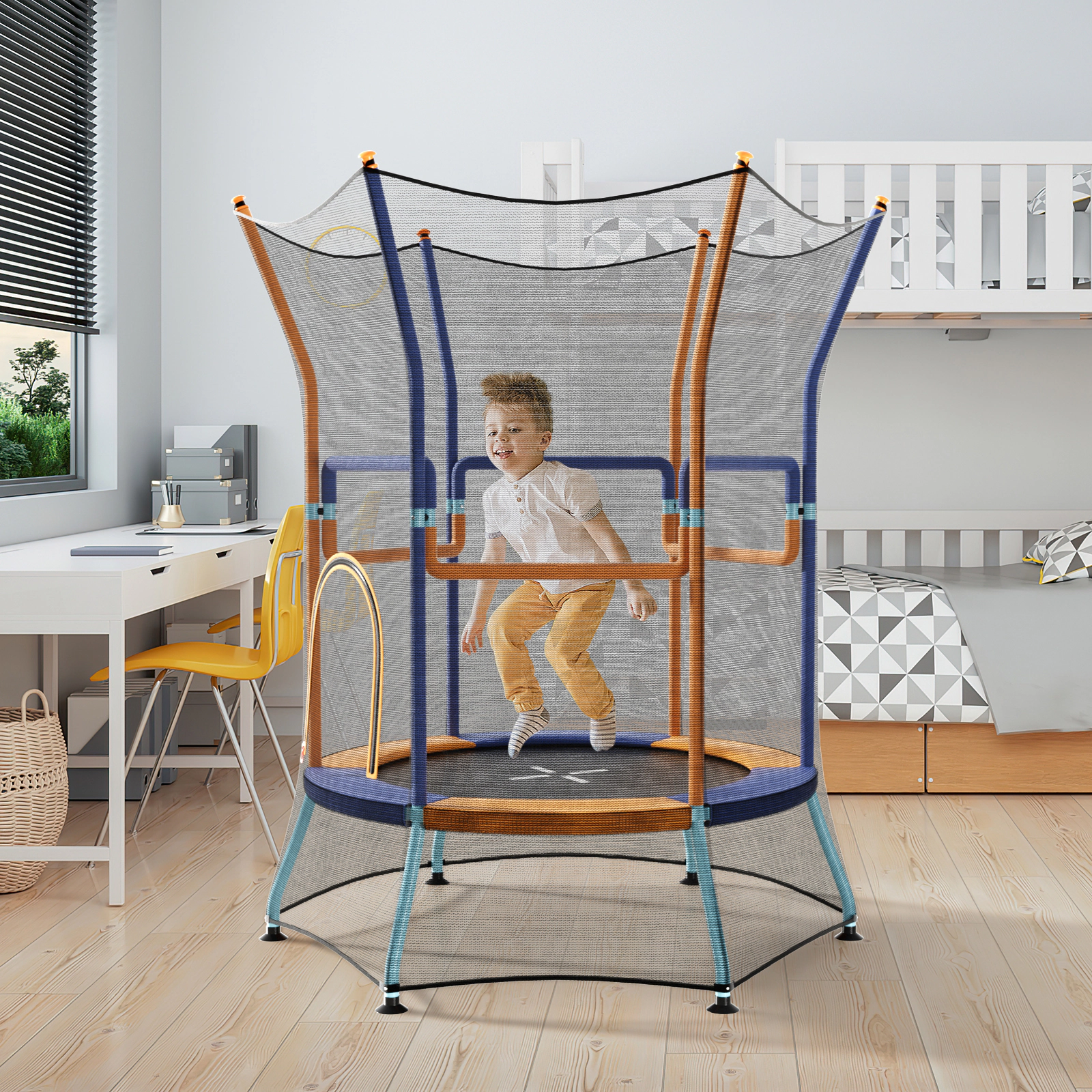 Mini Trampoline Kids Safety Enclosure Net Padded Foam Handrails 35.5-in Jump Mat Ages 3-6 Orange Toddler Trampoline
