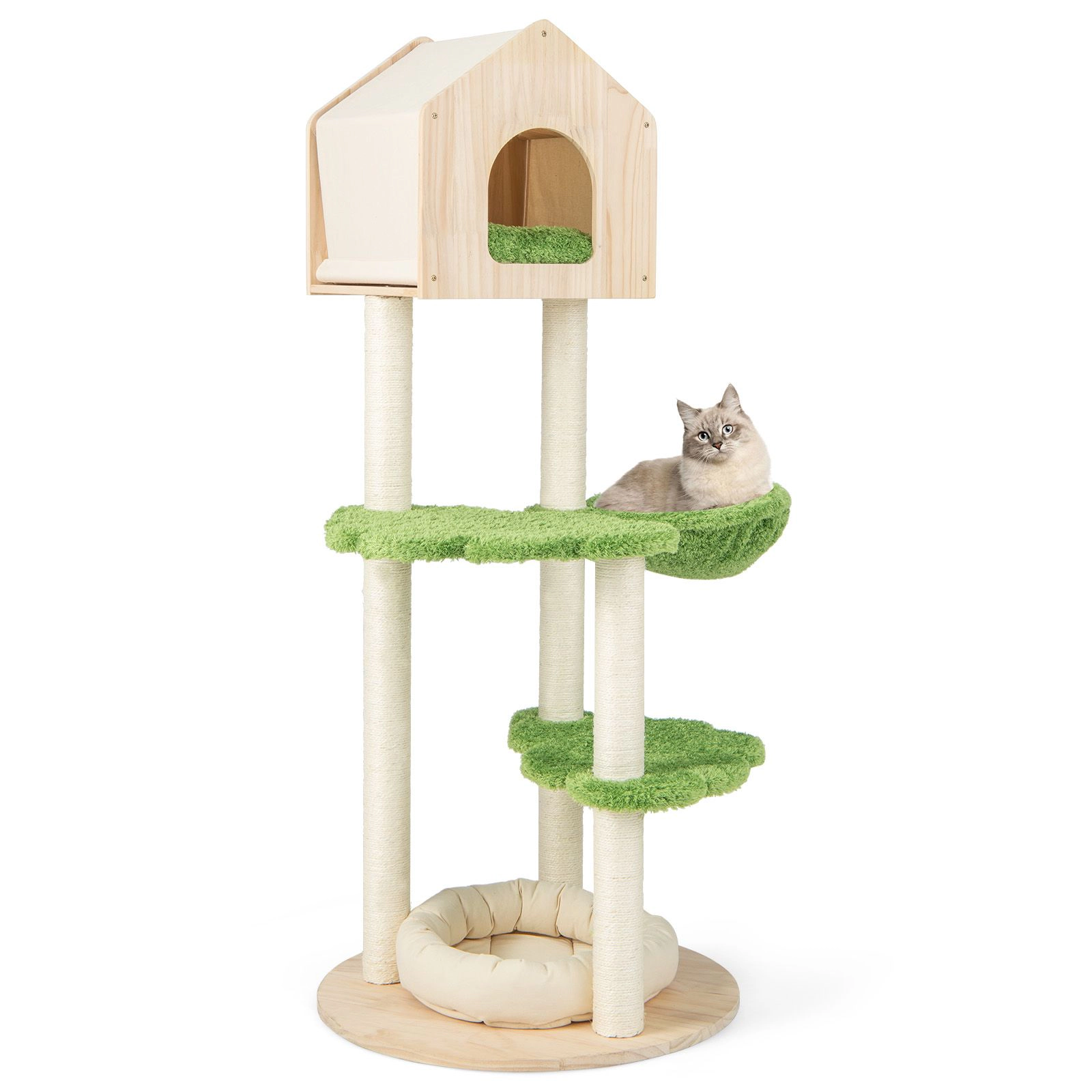 SlickBlue 55" Green Beige Cat Tree with Condo Hammock Scratching Posts