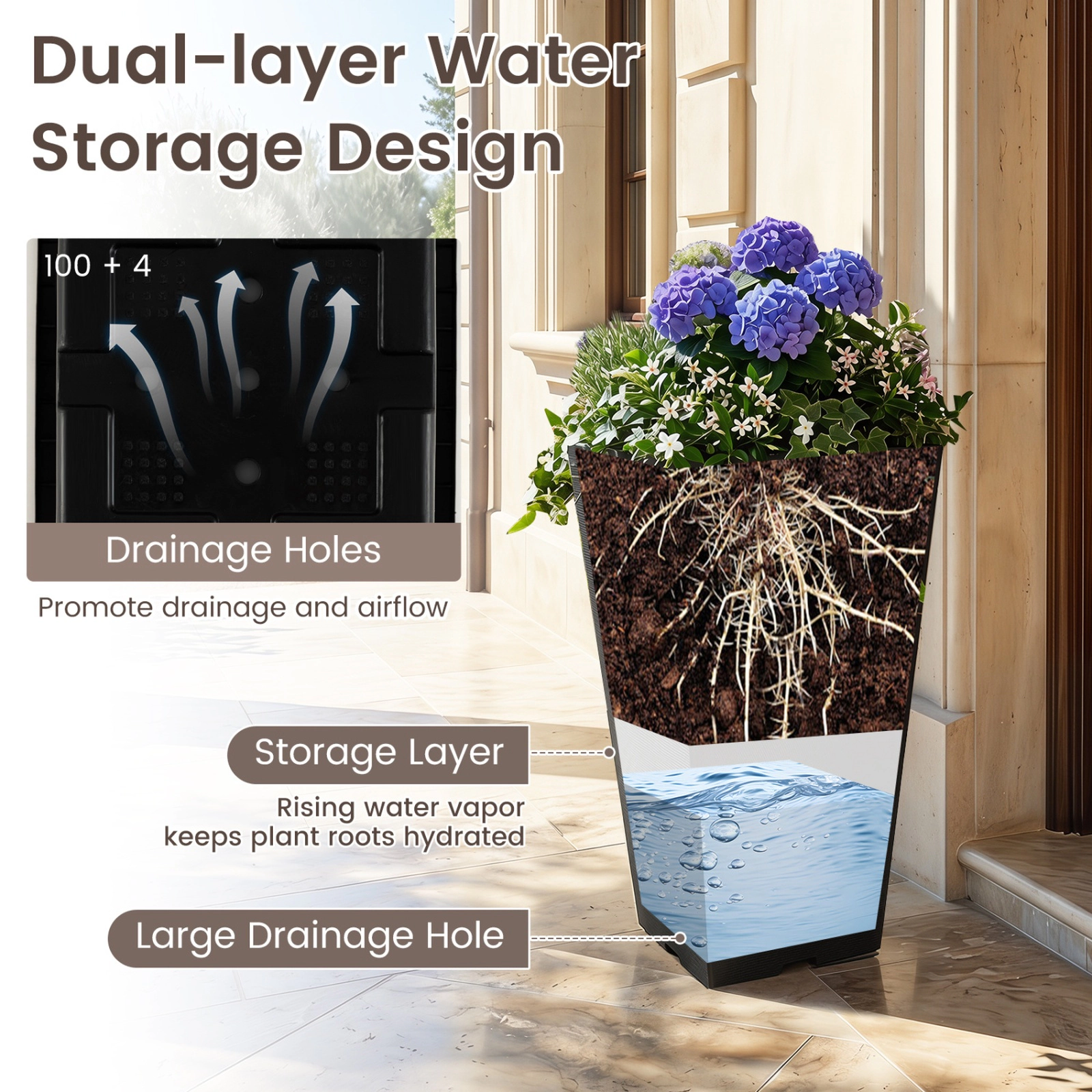 SUGIFT 22.5-in Tall Self-Watering Square Planter with Removable Inner Bucket Flower Pot Set Brown/Black