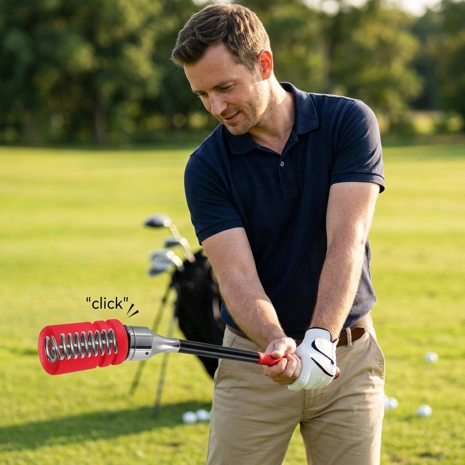 Golf Swing Trainer Click Stick Audible Tempo Feedback Weighted Metal Head Foam Headcover Right-Handed Red