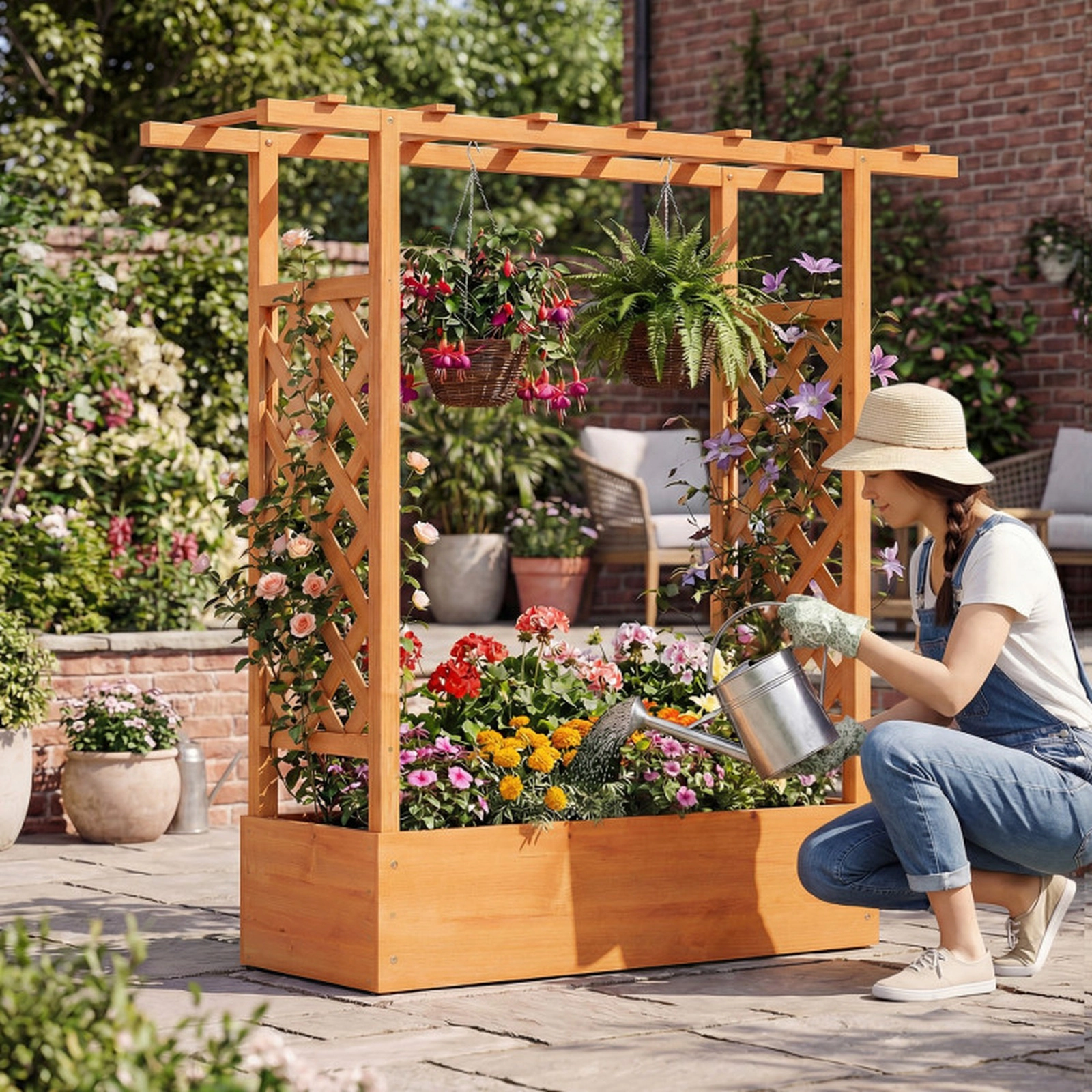 SUGIFT 45-in Tall 110-lb Capacity Fir Wood Raised Garden Bed with Dual Side Trellis and Flat Hanging Roof