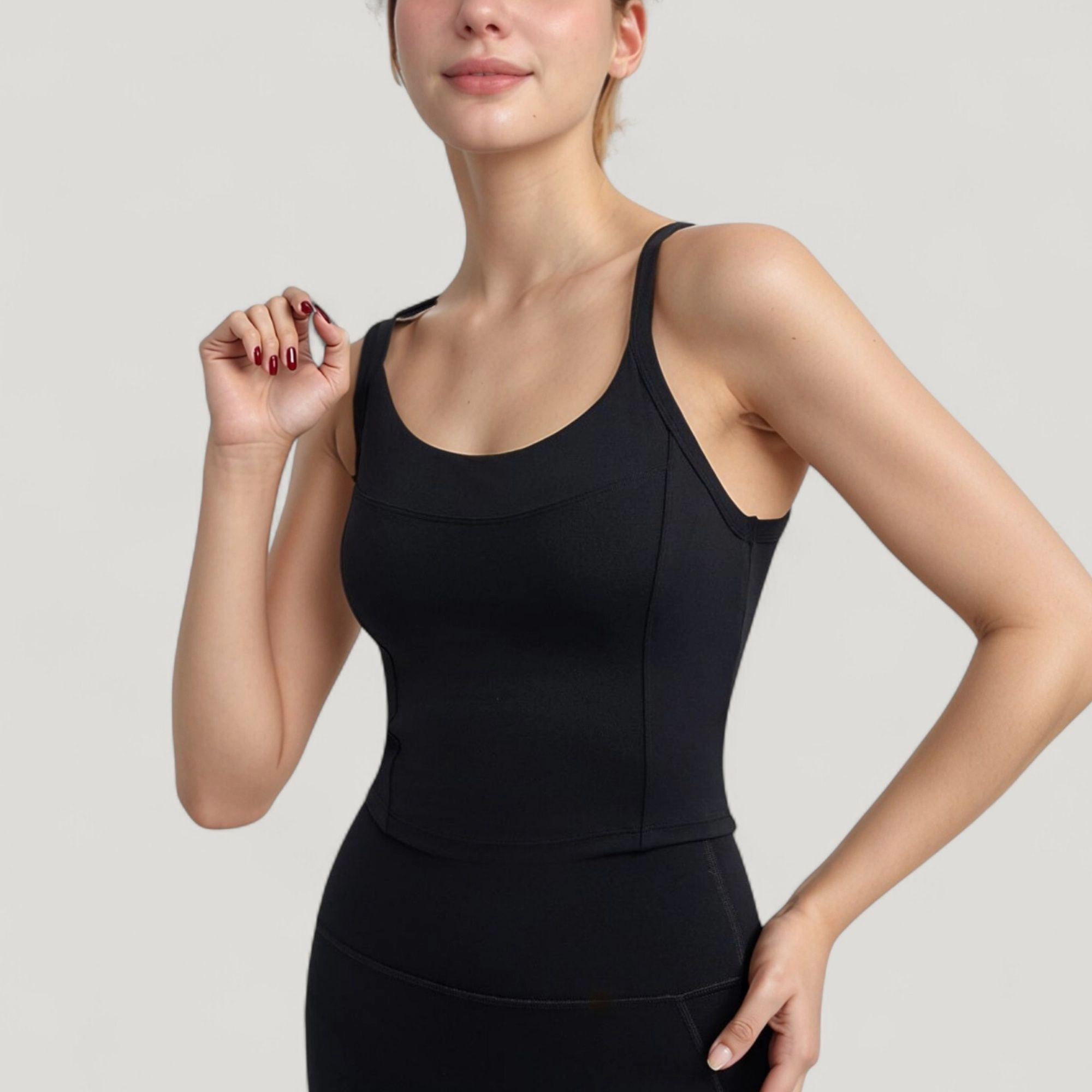 Anna-Kaci Women's Strappy Back Longline Activewear Tank Top with Scoop Neckline and Built-In Bra Support