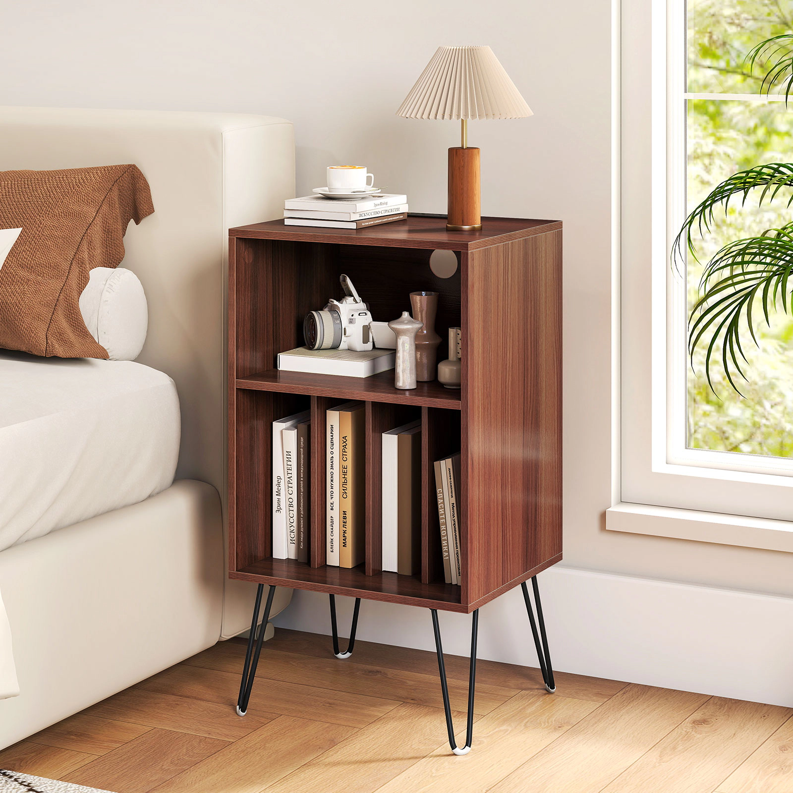Glintex 35-Inch Tall Vinyl Record Stand with 3-Tier Storage and Charging Ports, Walnut
