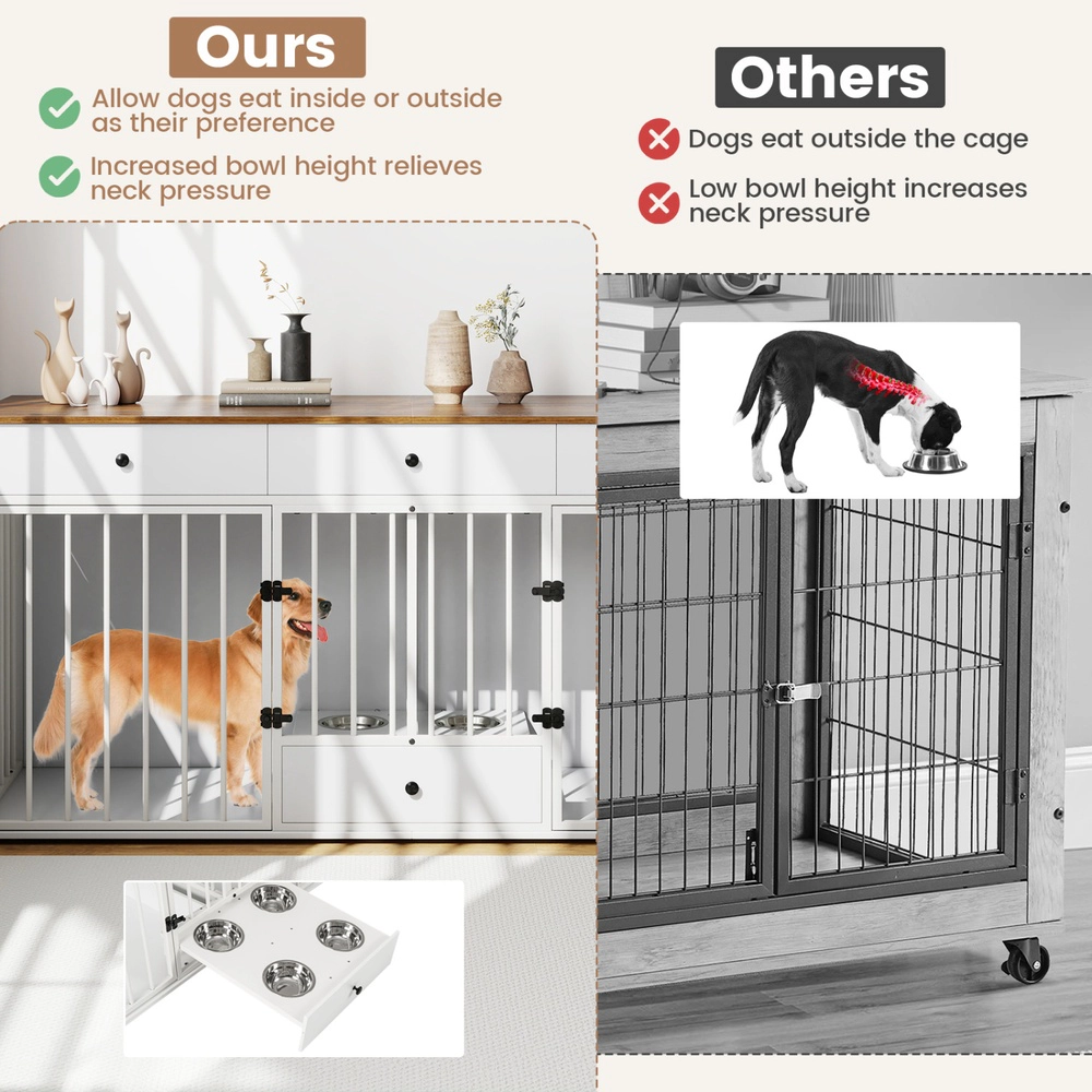 SUGIFT 71 in Dog Crate Furniture White Double Kennel with Divider 3 Drawers and Pull-out Feeder