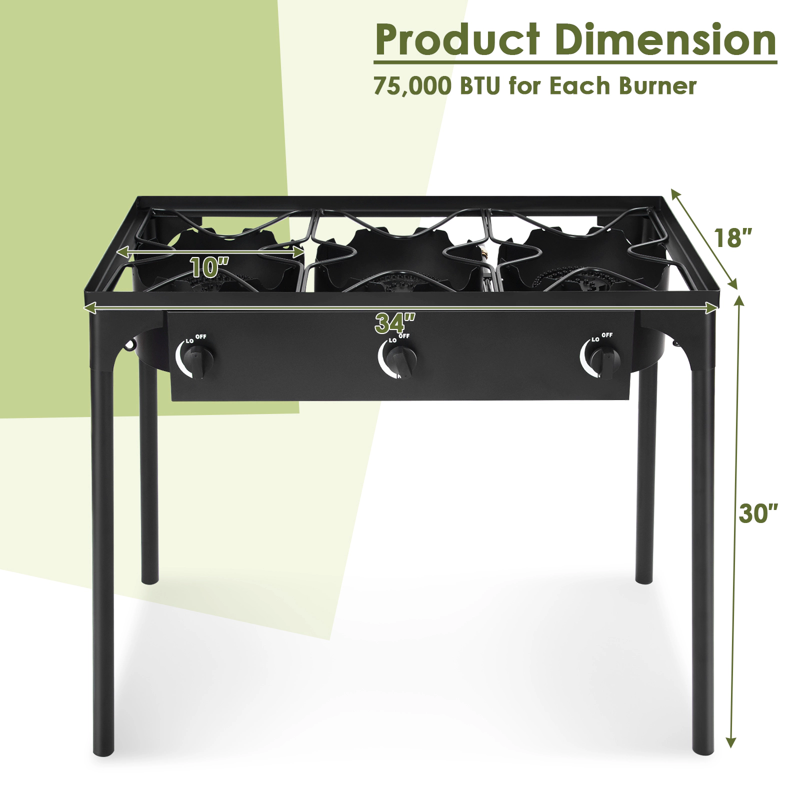 SUGIFT 3-Burner Black Portable Propane Gas Cooker with Detachable Legs 225000-BTU 34-in W 18-in D 30-in H