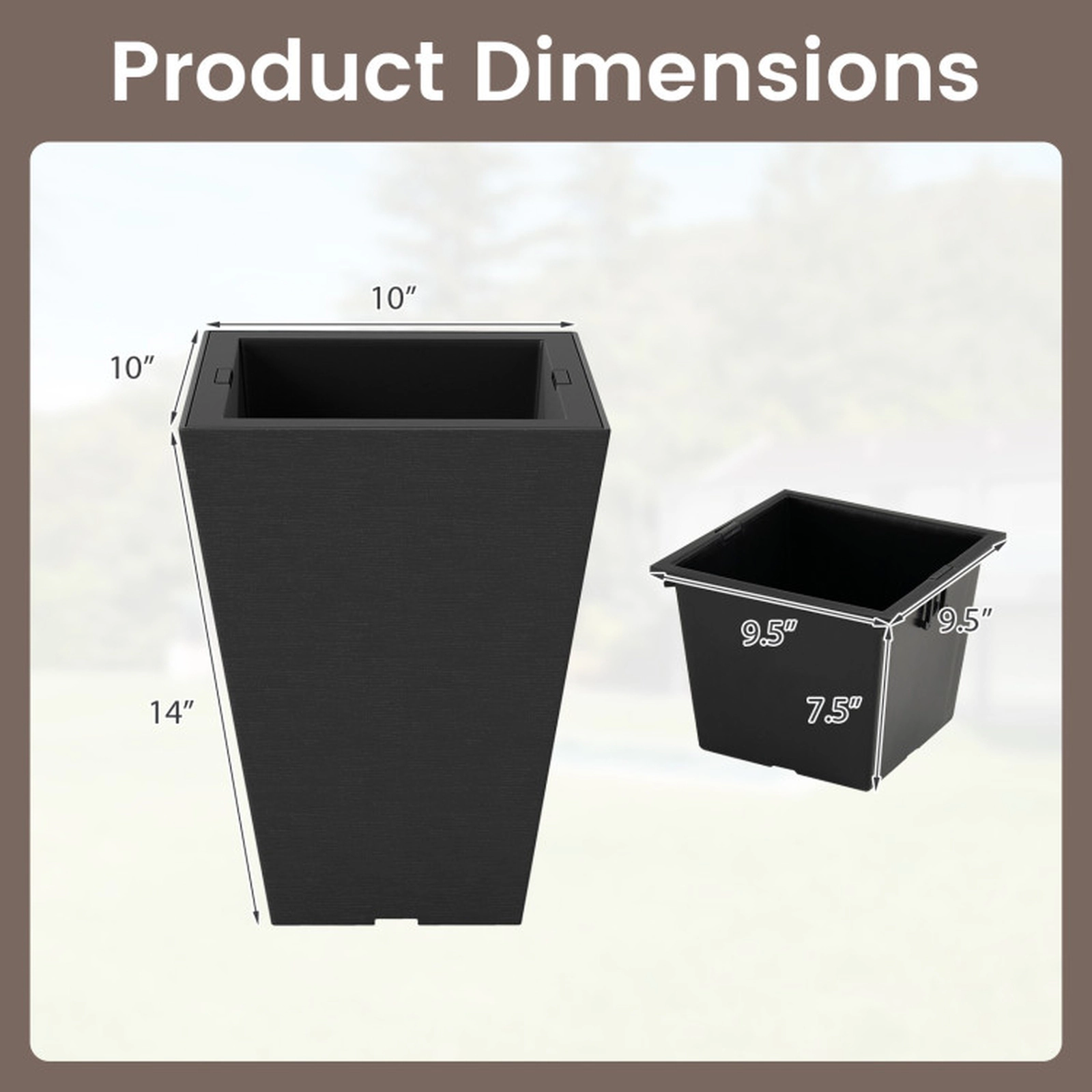 SUGIFT Set of 2 Square Taper Planters with Removable Inner Buckets 14-in Tall Self-Watering Brown