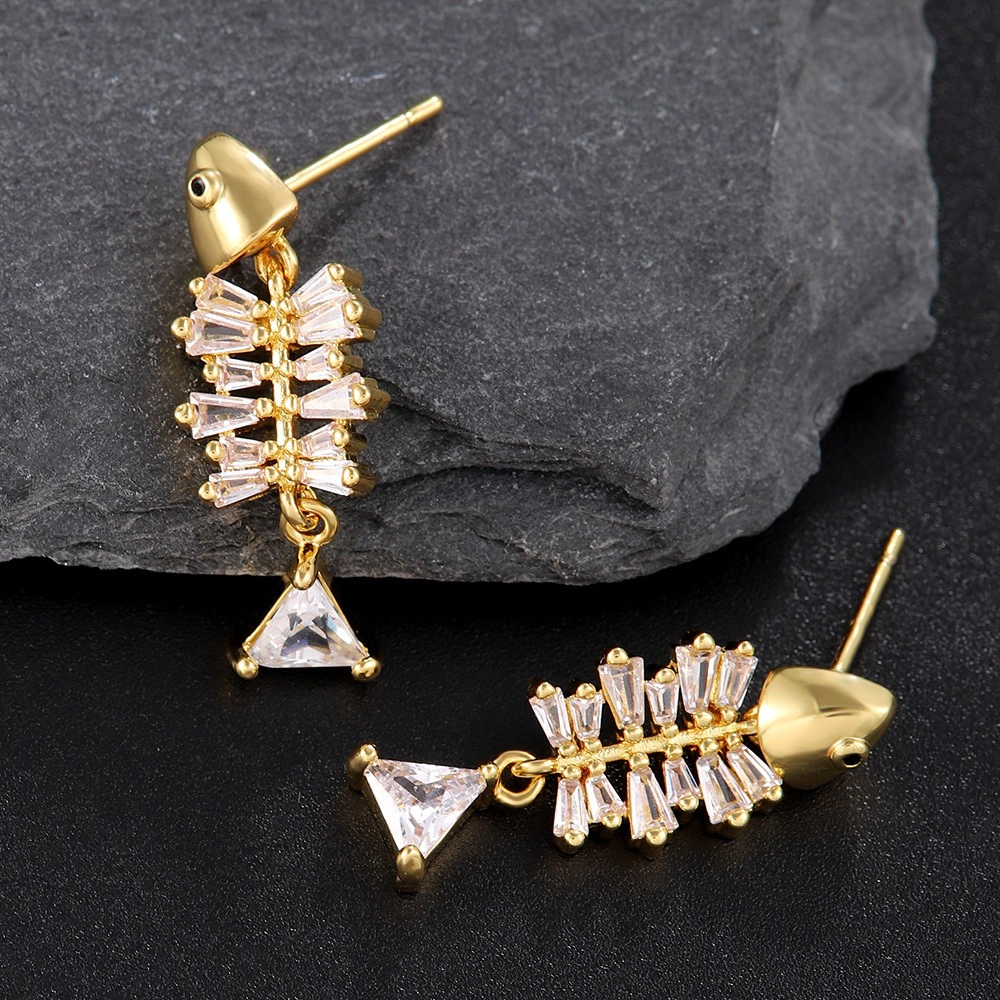 Fish Bone Cubic Zirconia Drop Earring Gold Plated Creative Fish Skeleton Dangle Earring