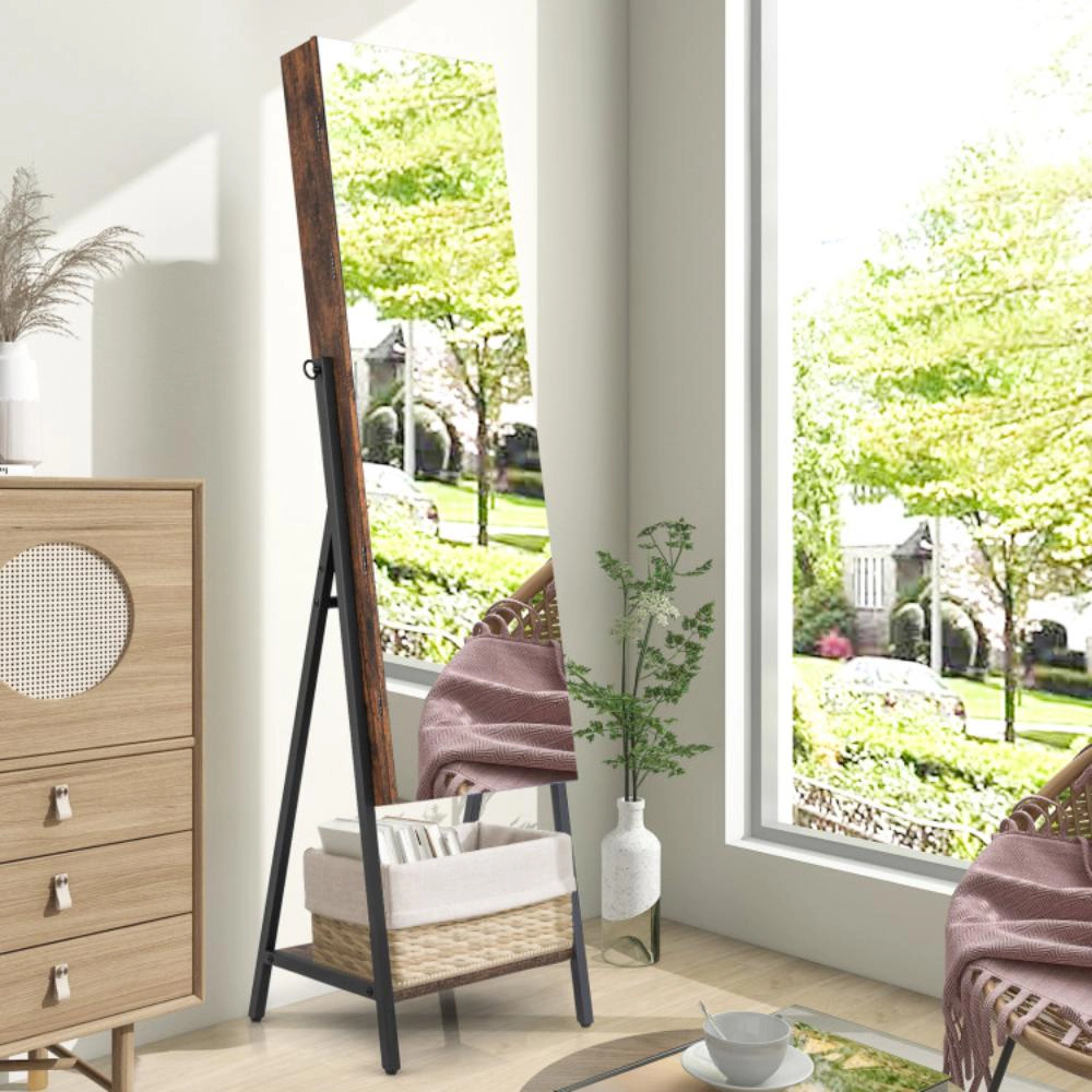 Hivvago Freestanding Jewelry Cabinet with Full-Length Mirror-Rustic Brown