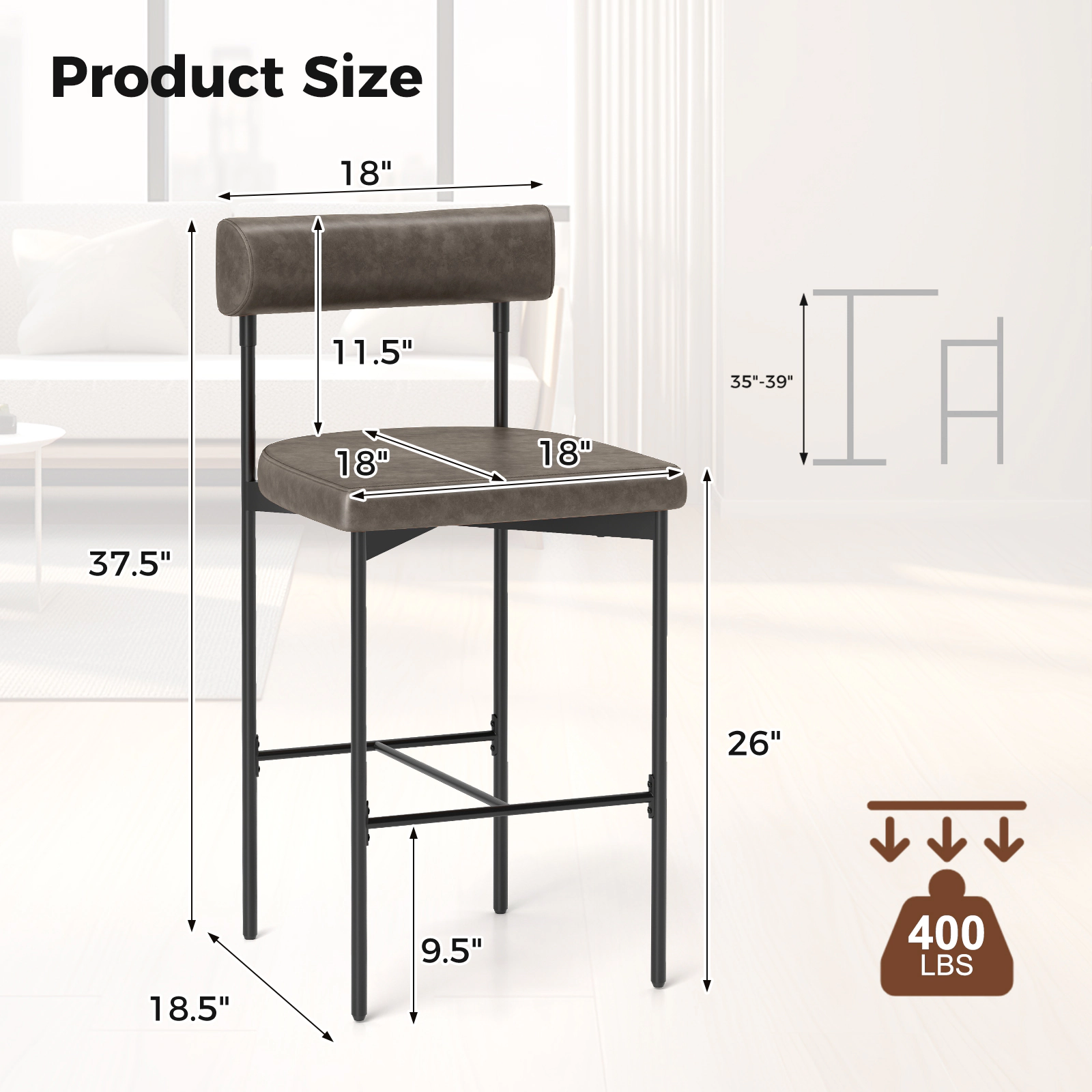 SUGIFT 26-in Seat Height Upholstered Counter Height Bar Stools 400-lb Capacity with Backrest Gray + Black