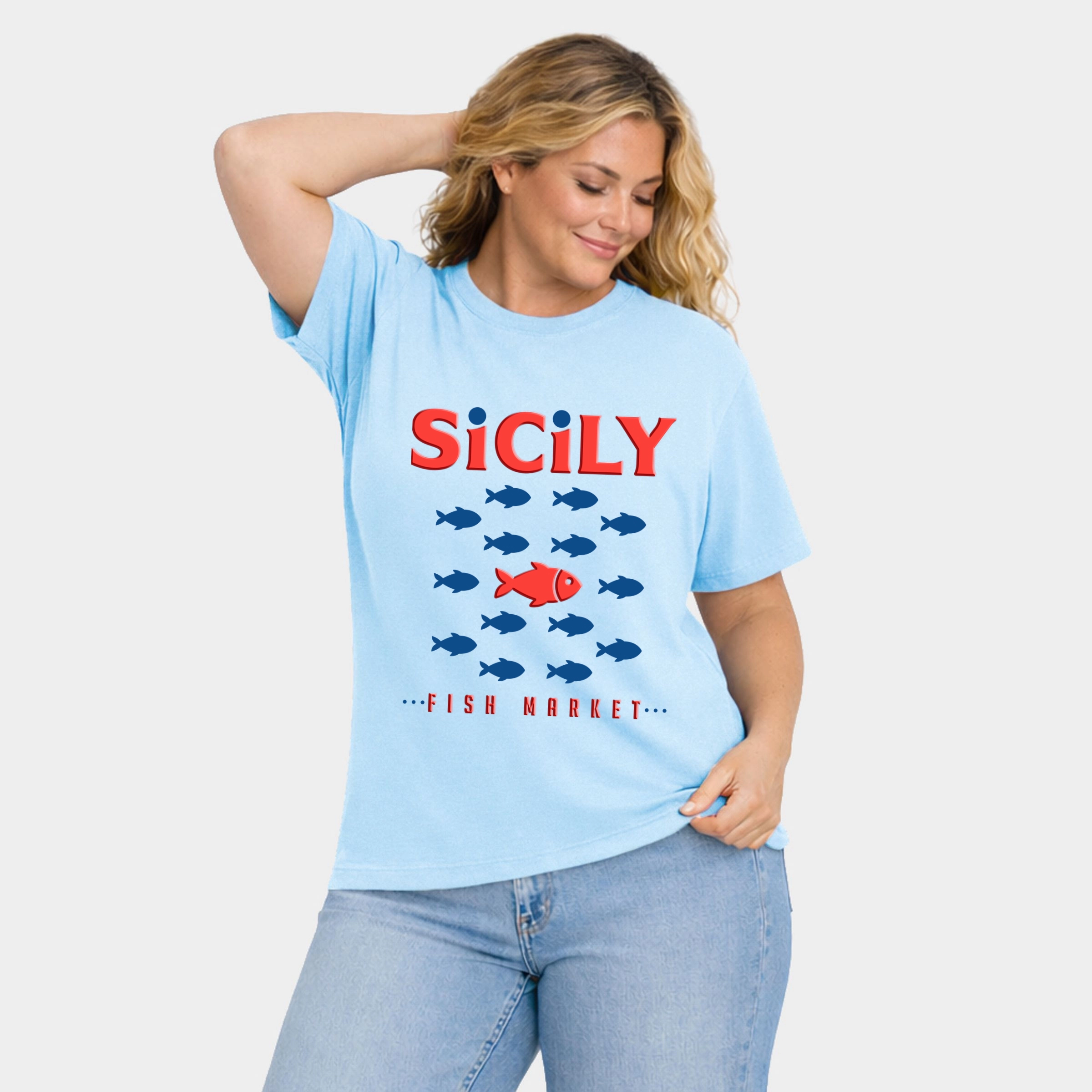 Simply Sage Market - Sicily Fish Puff Print Women's Plus Sized Garment Dyed Graphic T-Shirt