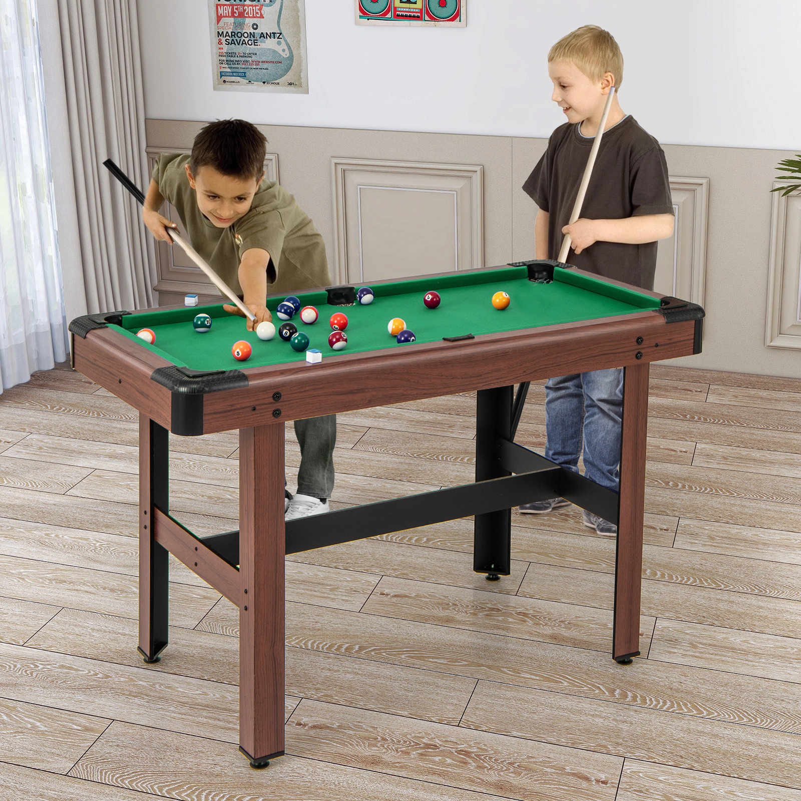 SUGIFT Green Wooden Pool Billiard Table with Full Ball Set and 36-in Cue Sticks 48-in W 24-in D 30-in H