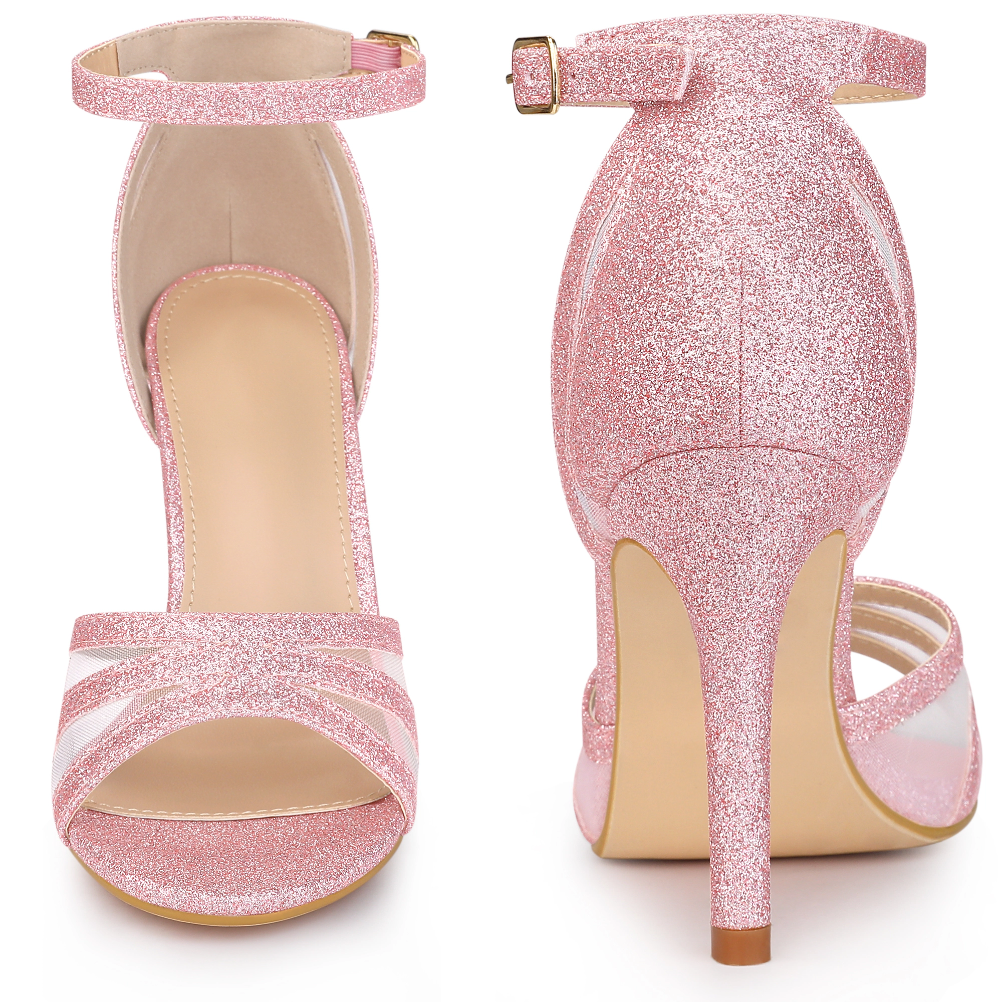 BLISSFUL STEP Women's Glitter Mesh Open Toe Stiletto Heel Ankle Strap Party Sandals